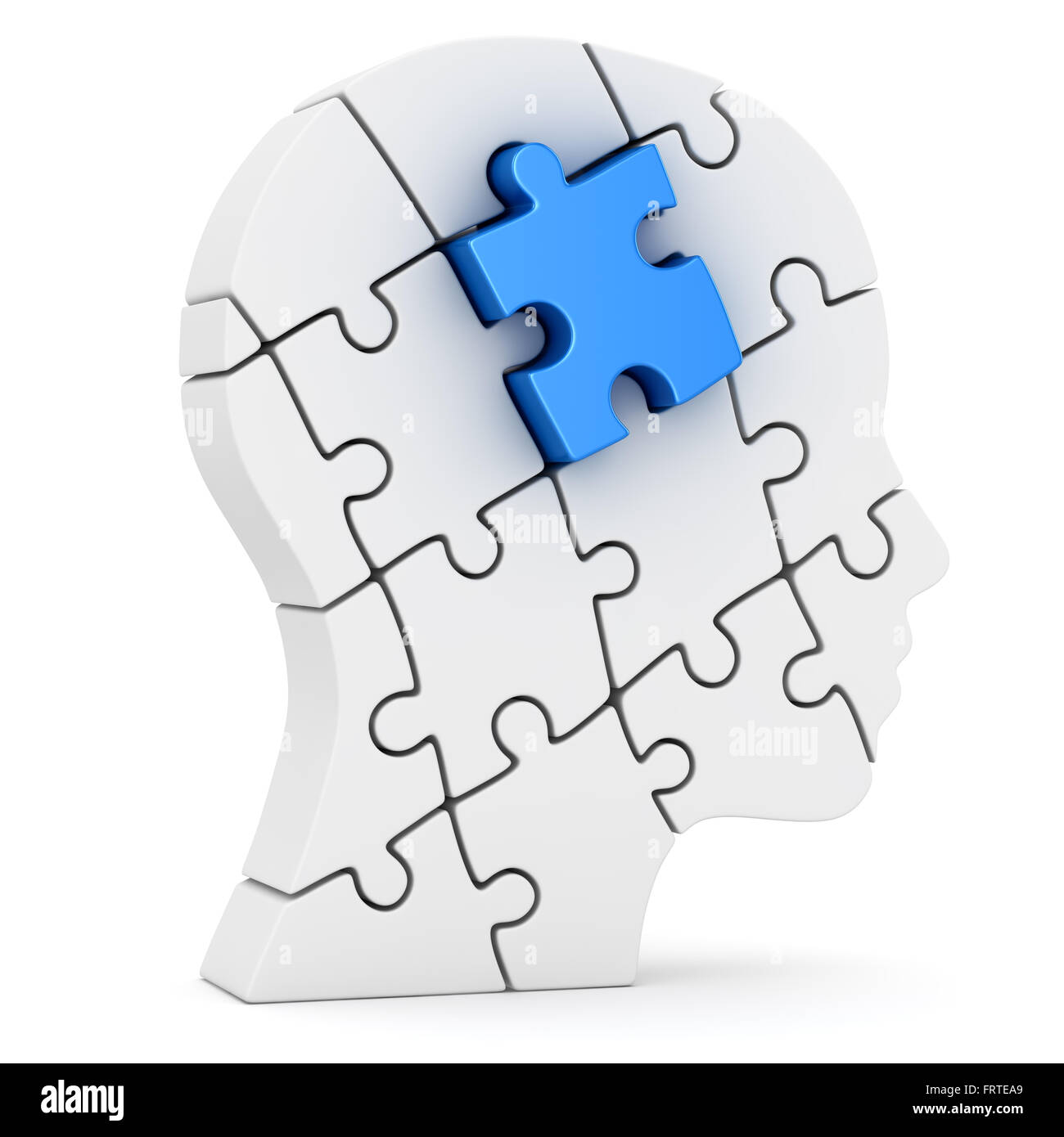 Ein menschlicher Kopf aus Puzzle-Teile, dies ist ein 3d Computer generierte Bild. Isoliert auf weiss. Stockfoto