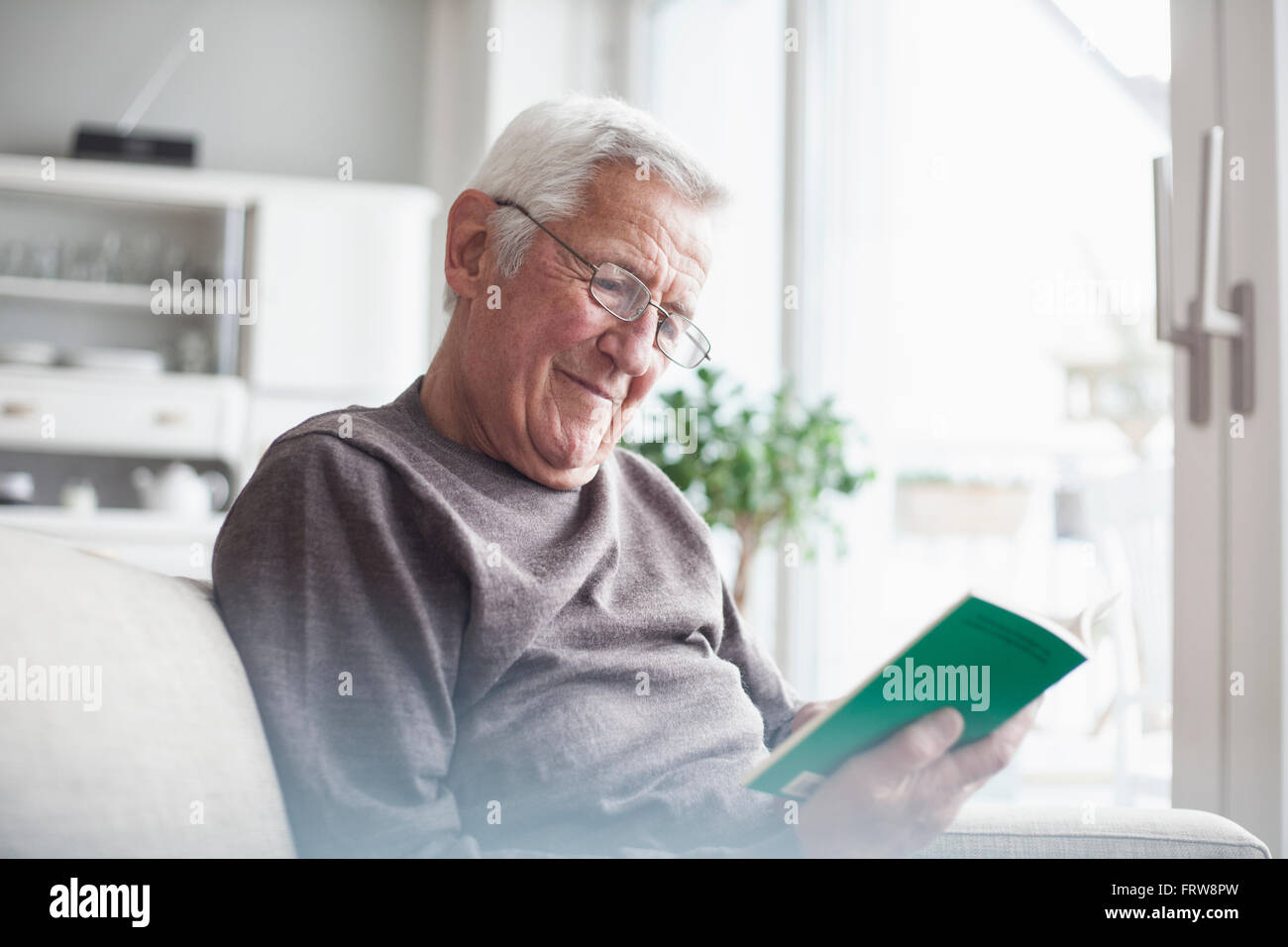 Porträt von senior Mann sitzt auf der Couch zu Hause ein Buch zu lesen Stockfoto