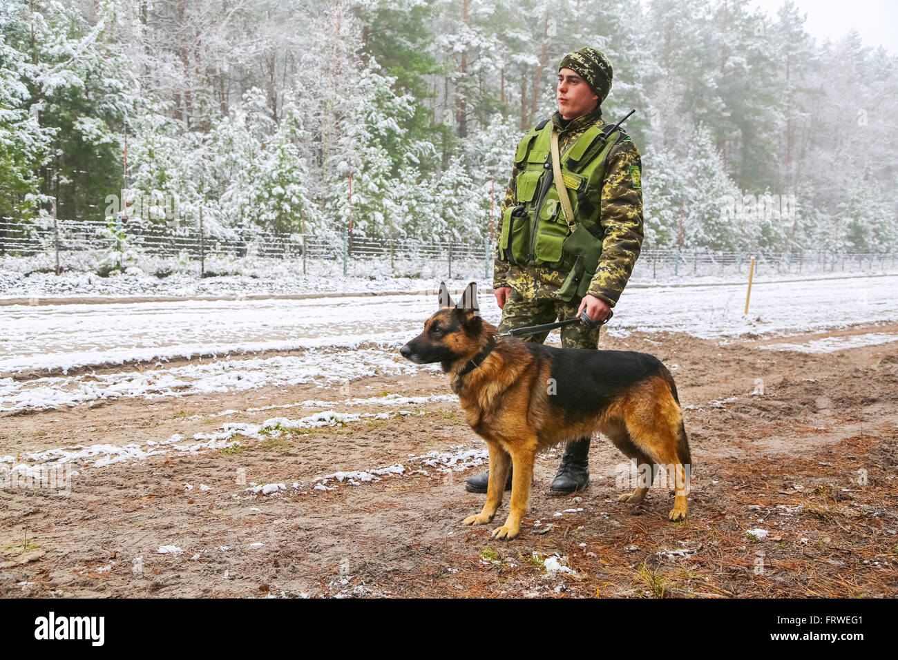 Grenze-Hund mit einem Soldaten Stockfoto