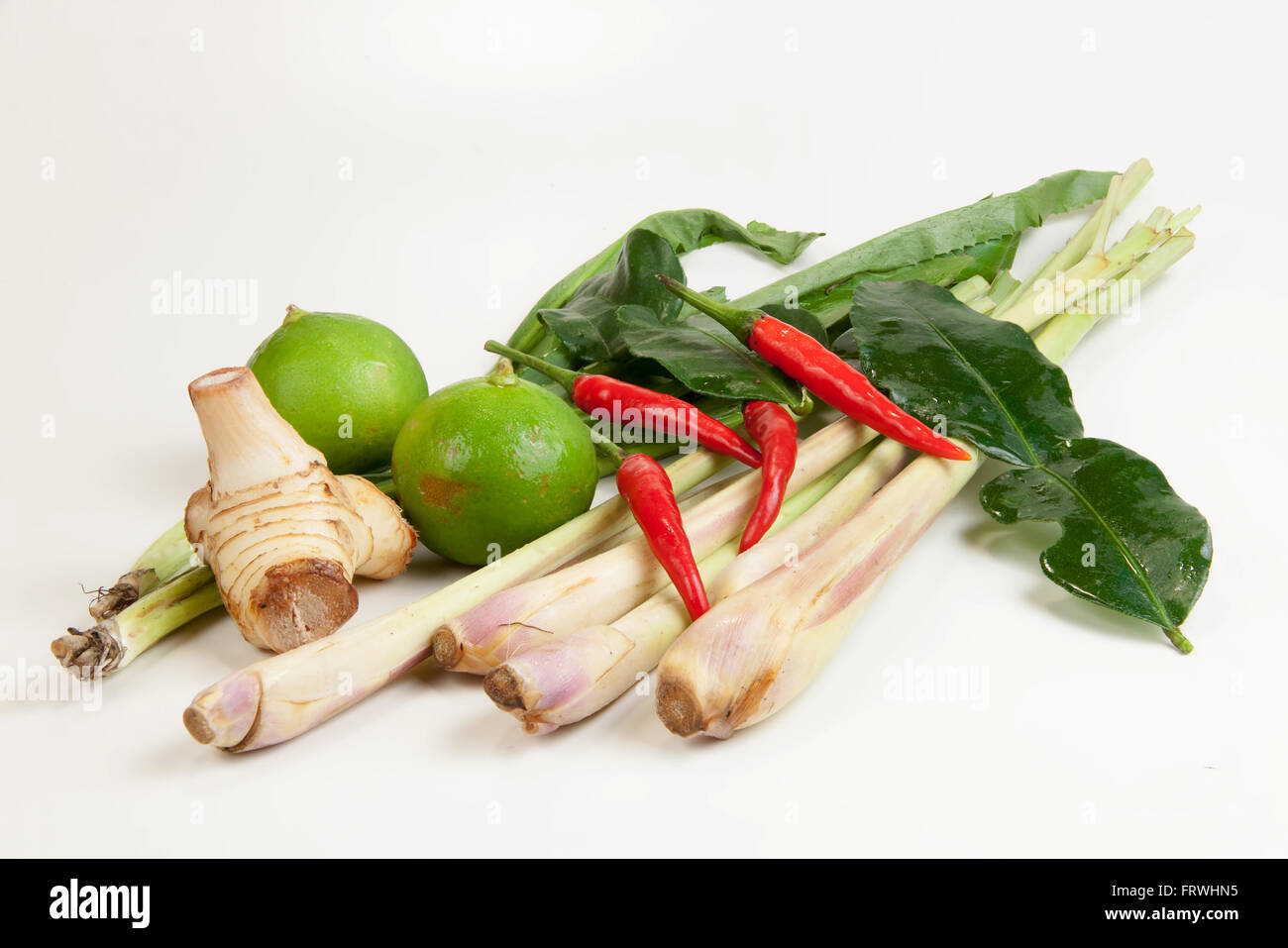 Zutaten für scharf-saure Thai-Suppe, Tom Yum Koong. Stockfoto