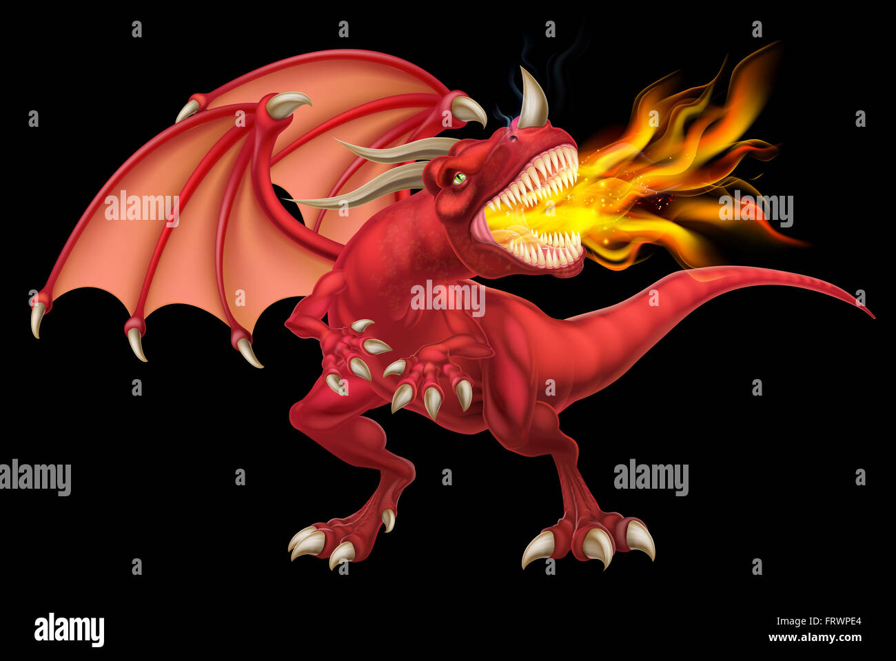 Eine Abbildung eines Mittelwerts suchen Fantasy Märchen rot Feuer speienden Drachen Stockfoto