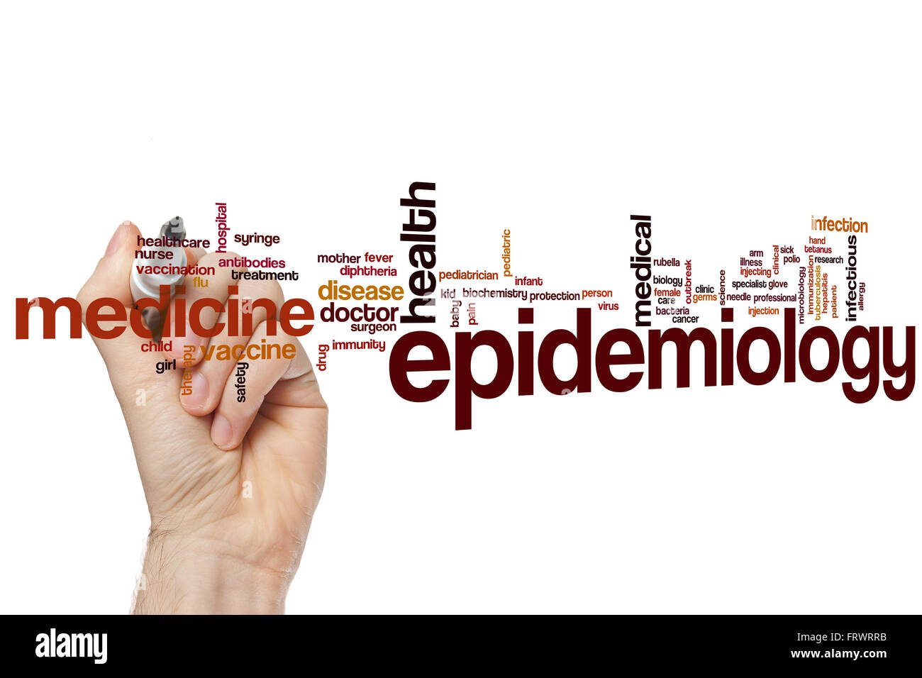 Epidemiologie-Wort-Cloud-Konzept mit Medizin Krankheit Verwandte tags Stockfoto