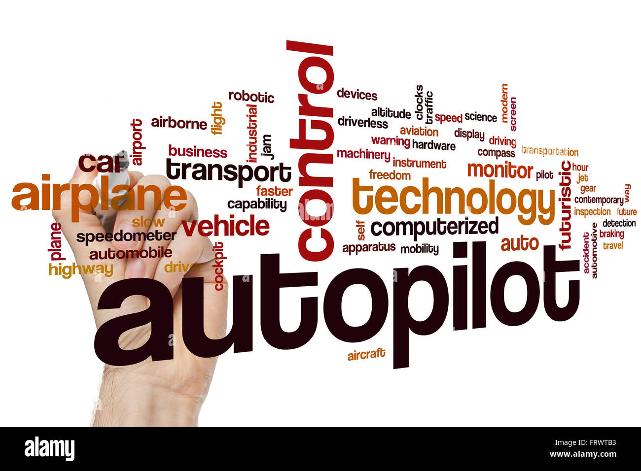 Autopilot-Wort-Cloud-Konzept mit Kontrolle Transport Verwandte tags Stockfoto
