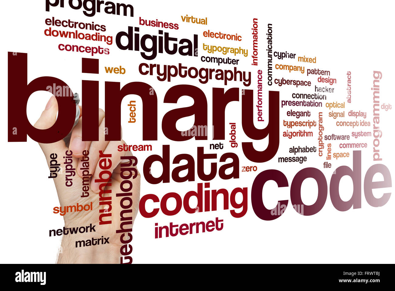 Binären Code Word Cloud-Konzept mit Daten codieren Verwandte tags Stockfoto