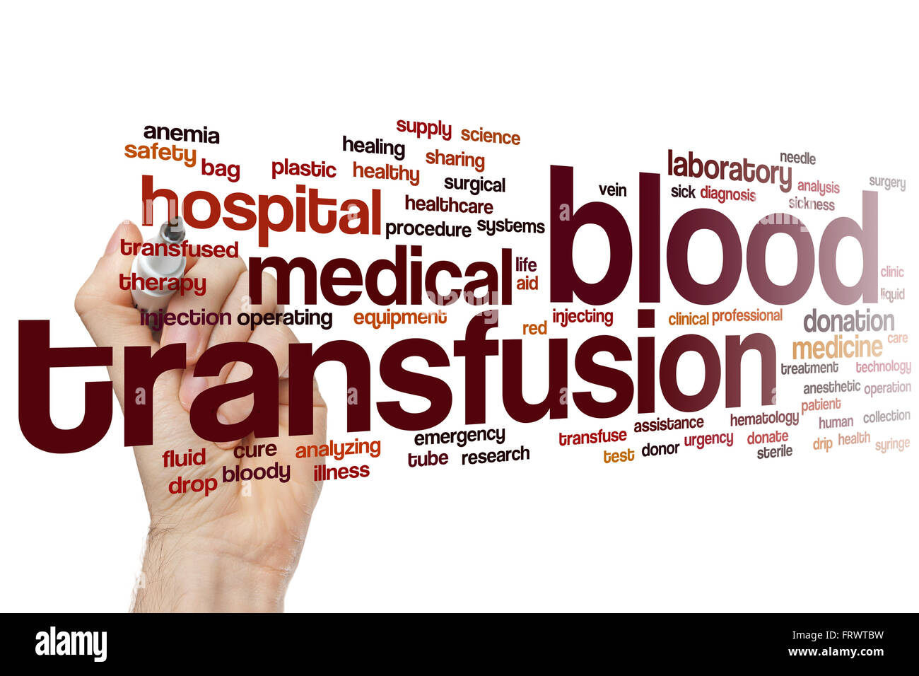 Bluttransfusion Konzept Word Cloud-Hintergrund Stockfoto