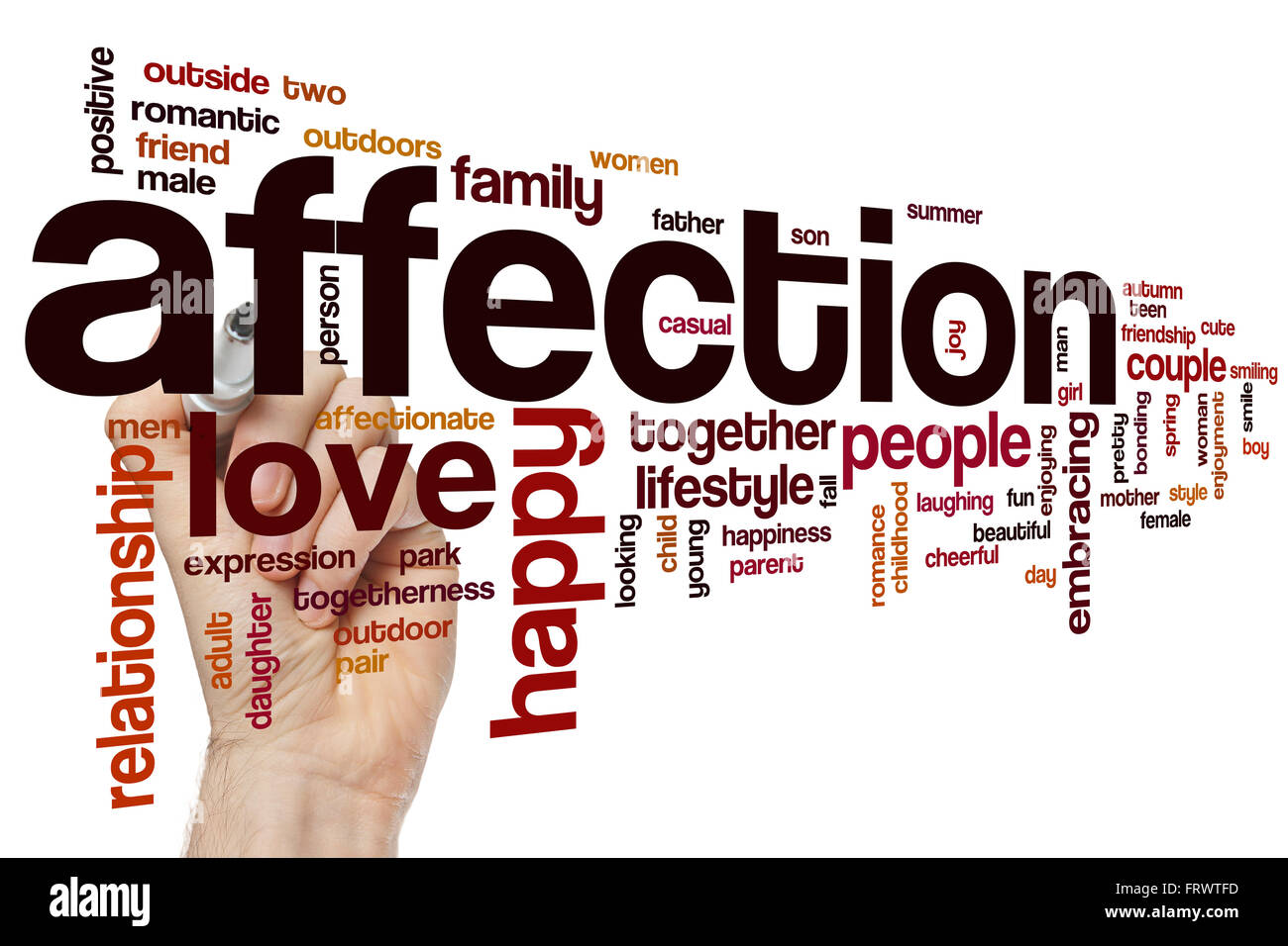 Zuneigung-Wort-Wolke-Konzept mit Liebesbeziehung Verwandte tags Stockfoto