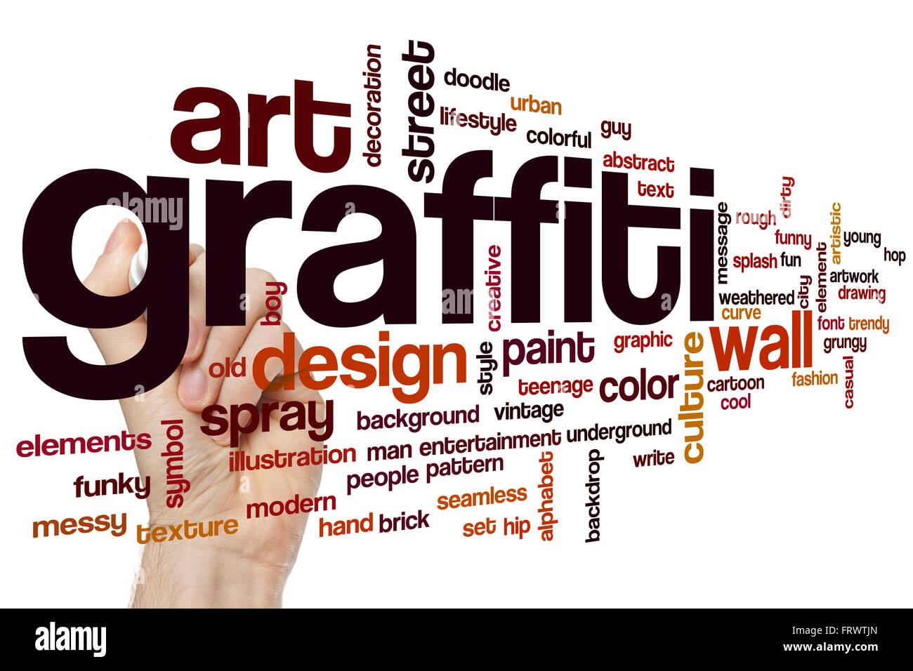 Graffiti-Wort-Wolke-Konzept mit Wandkunst Verwandte tags Stockfoto