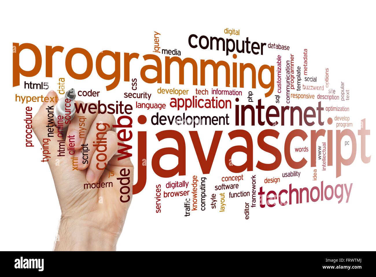 JavaScript-Konzept Word Cloud-Hintergrund Stockfoto