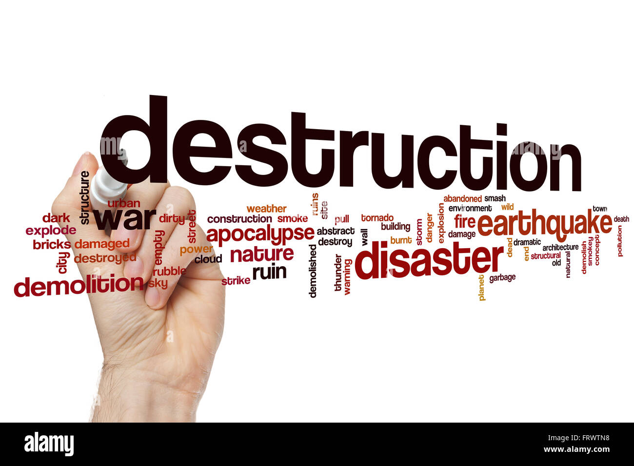 Zerstörung-Wort-Cloud-Konzept mit Katastrophe Krieg Verwandte tags Stockfoto