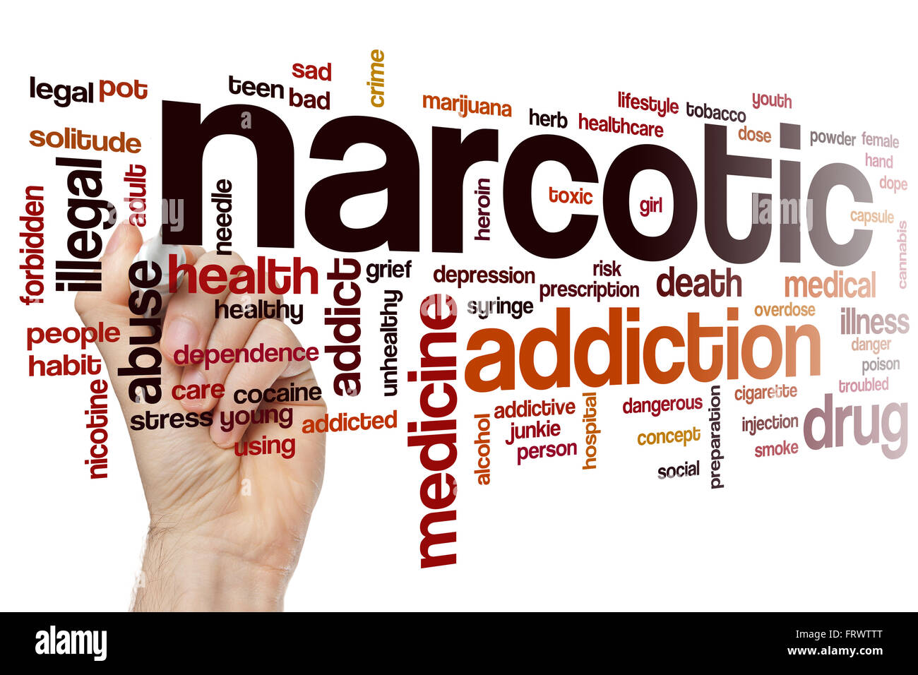 Narkotische Word Cloud-Konzept mit sucht Droge verwandte tags Stockfoto
