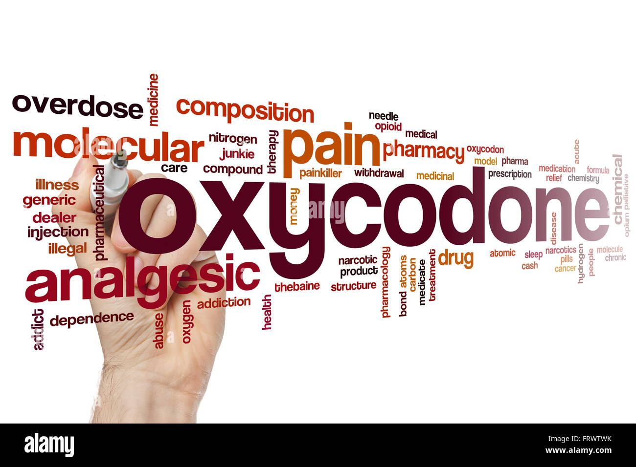 Oxycodon Word Cloud-Konzept mit analgetische Schmerzen Verwandte tags Stockfoto