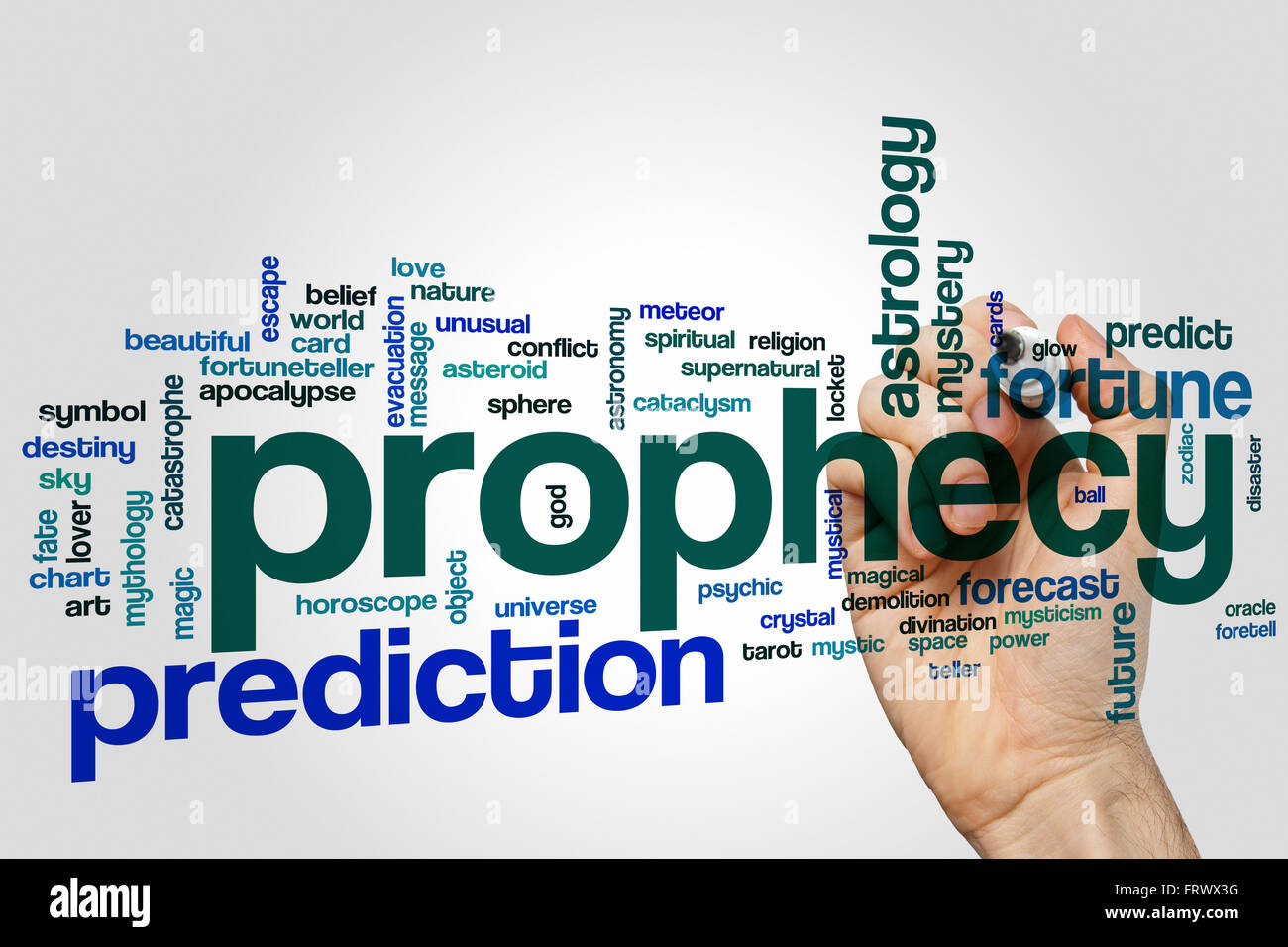 Prophezeiung Word Cloud-Konzept mit Vorhersage Vermögen Verwandte tags Stockfoto