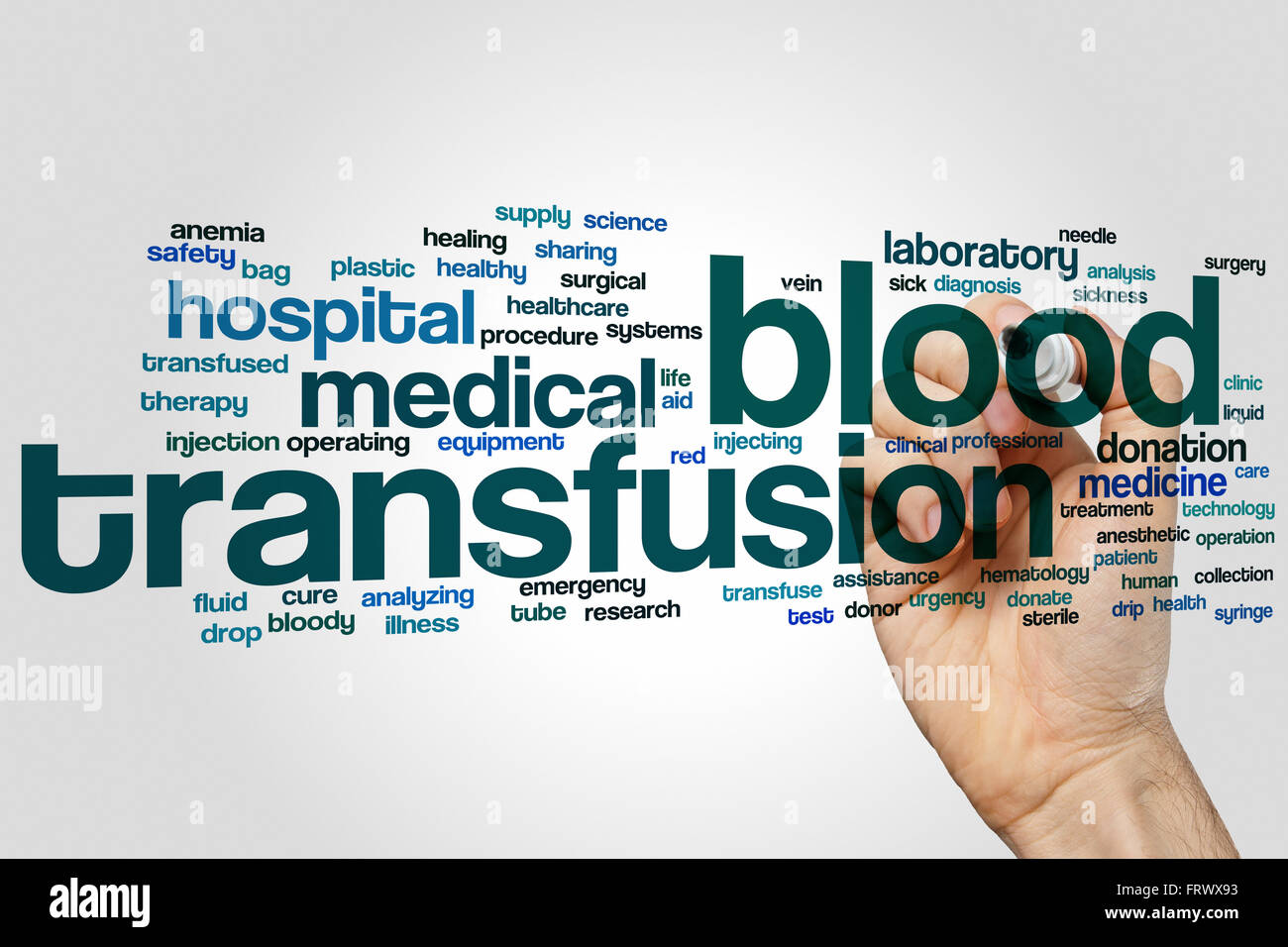 Bluttransfusion Konzept Word Cloud-Hintergrund Stockfoto