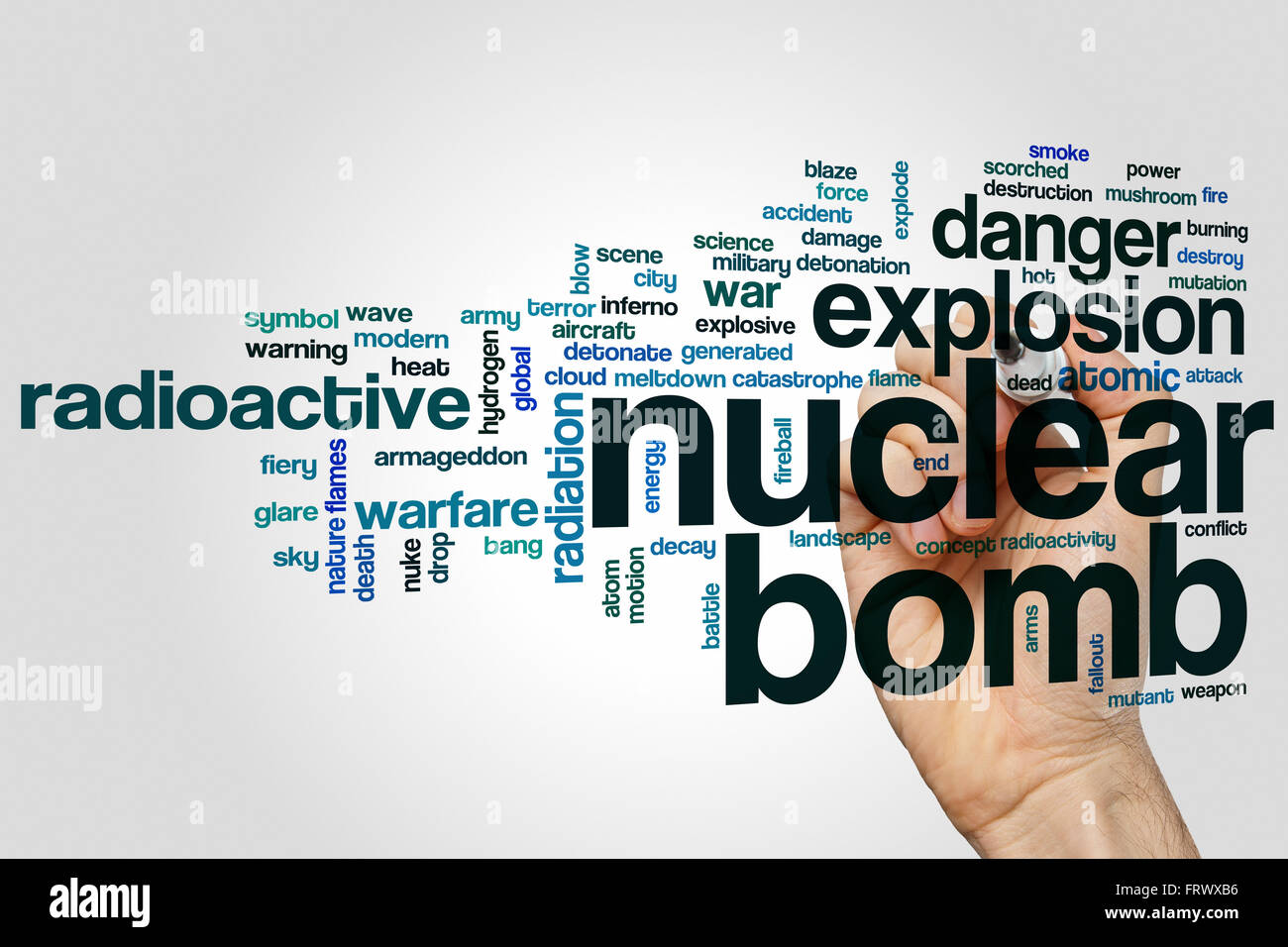 Atombombe-Wort-Cloud-Konzept mit radioaktiven Explosion Verwandte tags Stockfoto