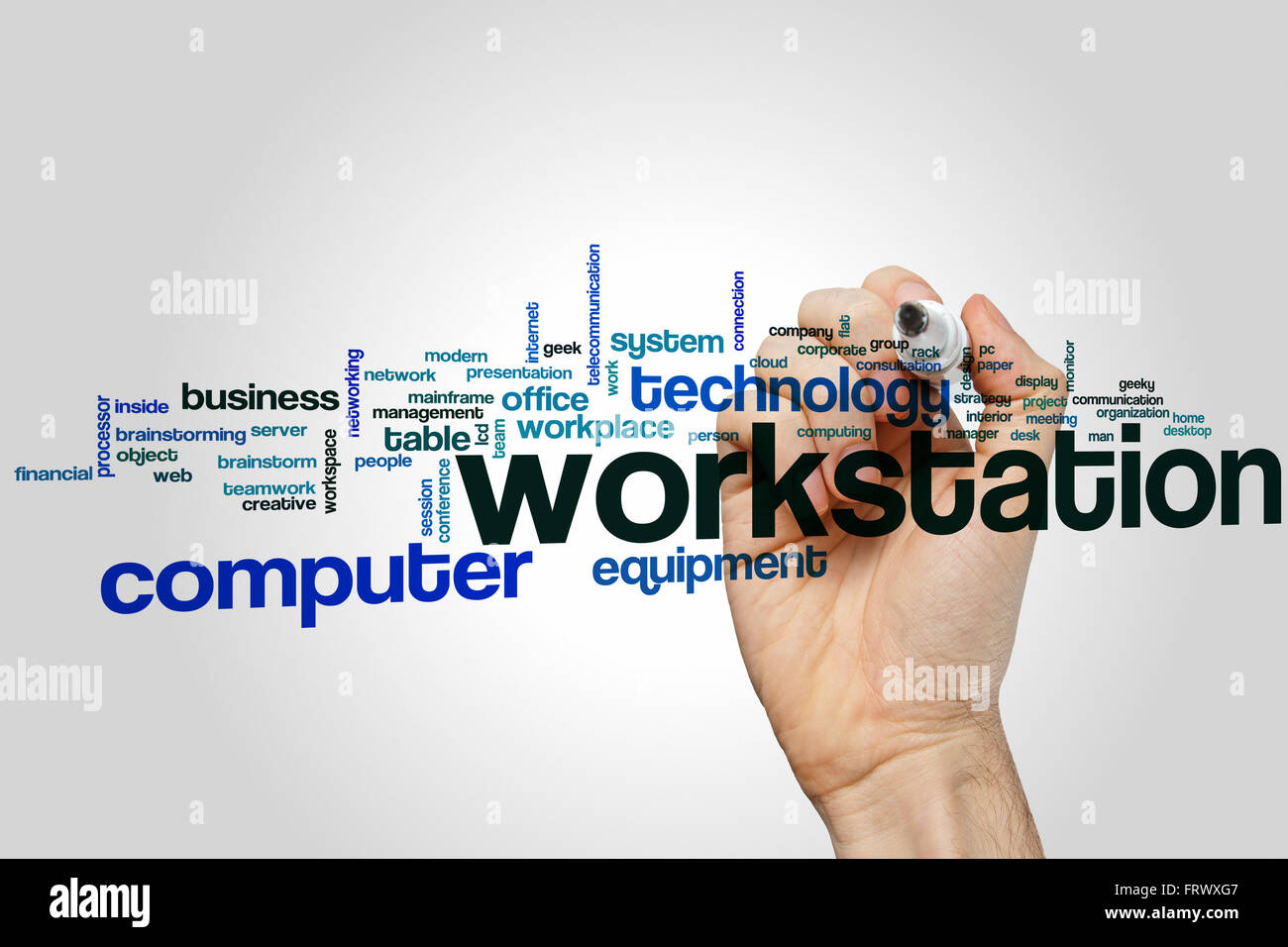 Arbeitsstation Word Cloud-Konzept mit EDV-Anlagen Verwandte tags Stockfoto
