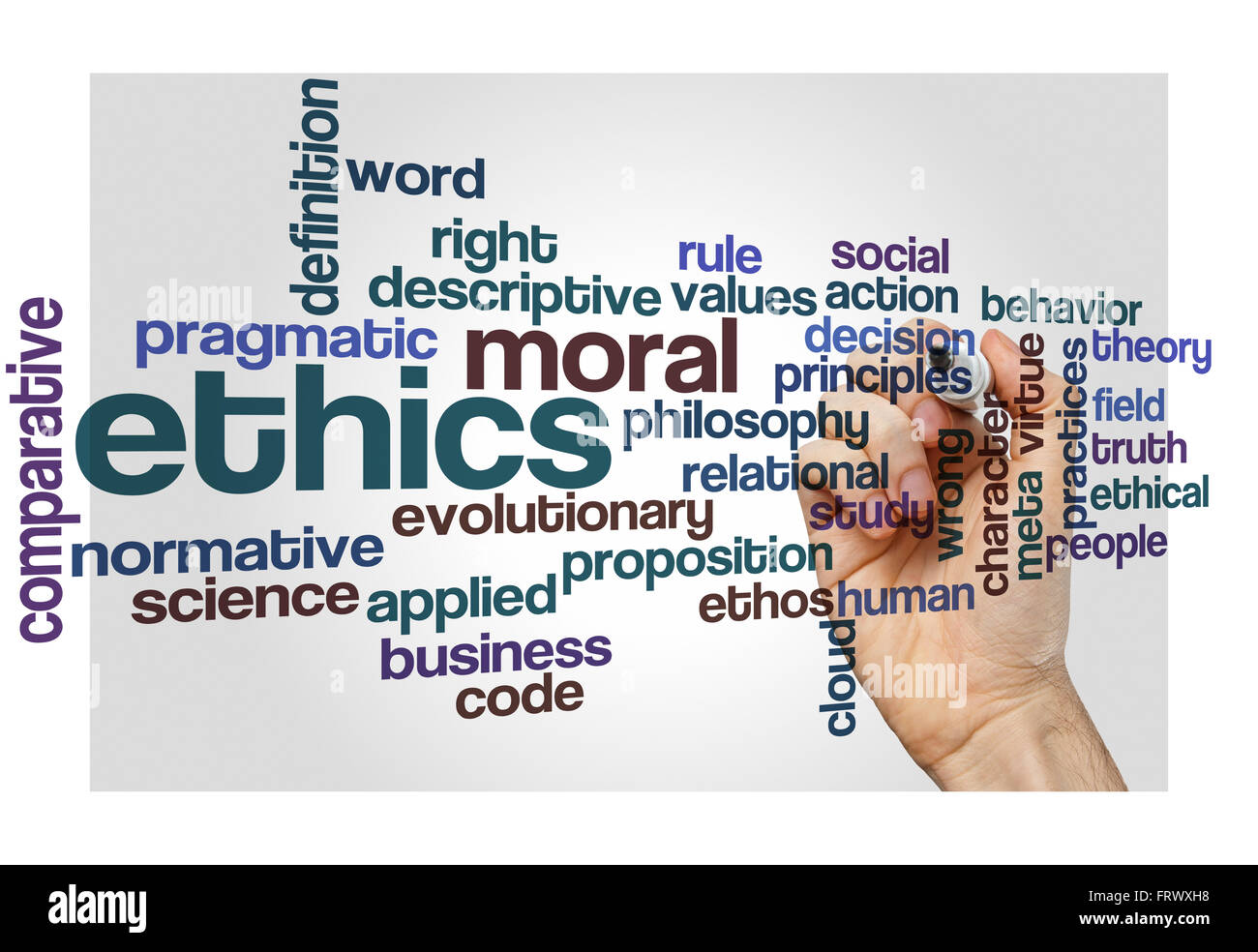Ethik Moralphilosophie Word Cloud-Konzept auf weiß Stockfotografie - Alamy