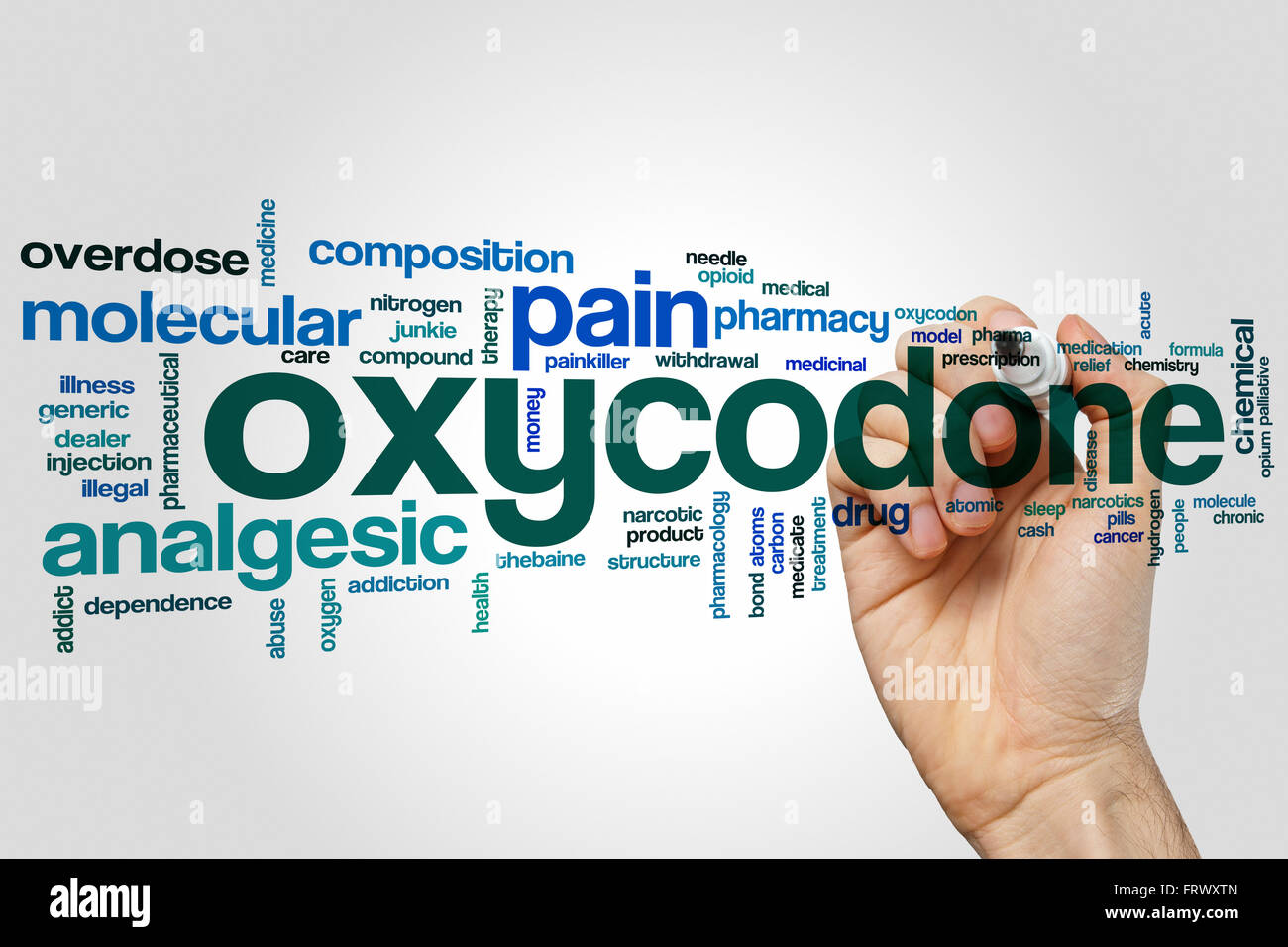 Oxycodon Word Cloud-Konzept mit analgetische Schmerzen Verwandte tags Stockfoto