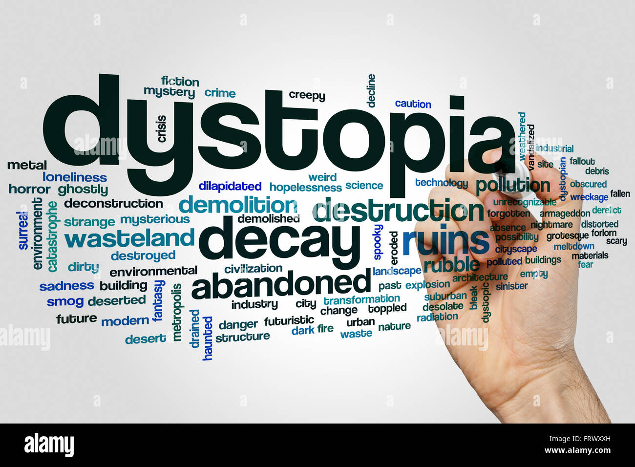 Dystopie Konzept Word Cloud-Hintergrund Stockfoto