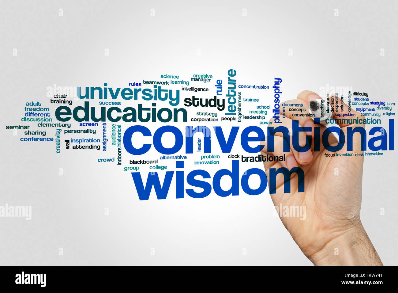 Konventionelle Weisheit Konzept Word Cloud-Hintergrund Stockfoto