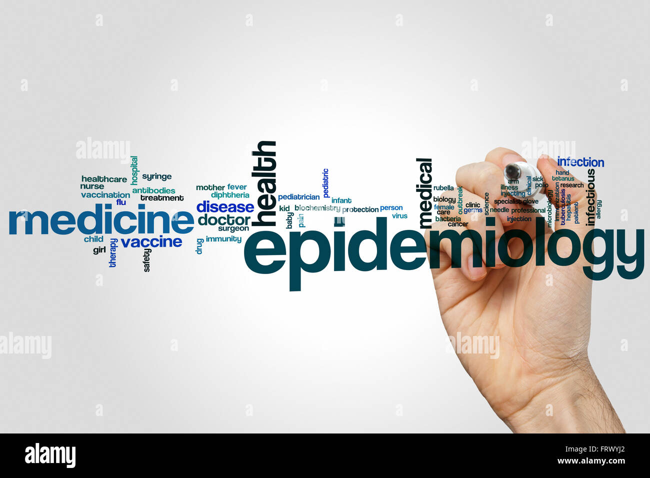 Epidemiologie-Wort-Cloud-Konzept mit Medizin Krankheit Verwandte tags Stockfoto