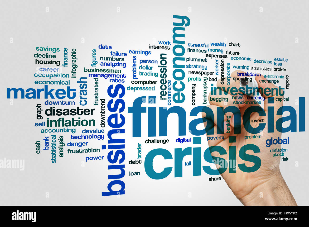 Finanzkrise-Konzept Word Cloud-Hintergrund Stockfoto