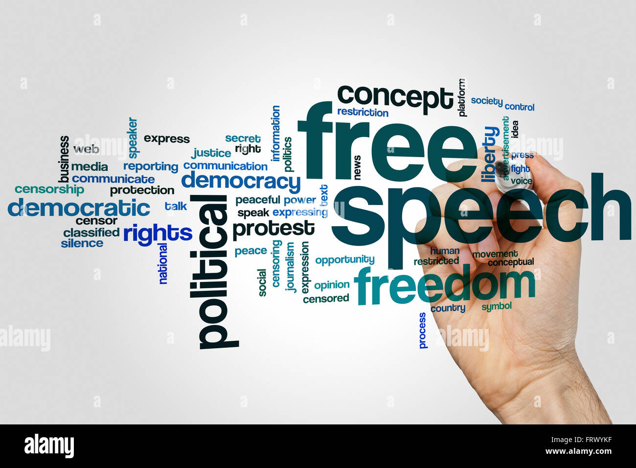 Freie Meinungsäußerung Word Cloud-Konzept mit der Freiheit der Meinungsäußerung Verwandte tags Stockfoto