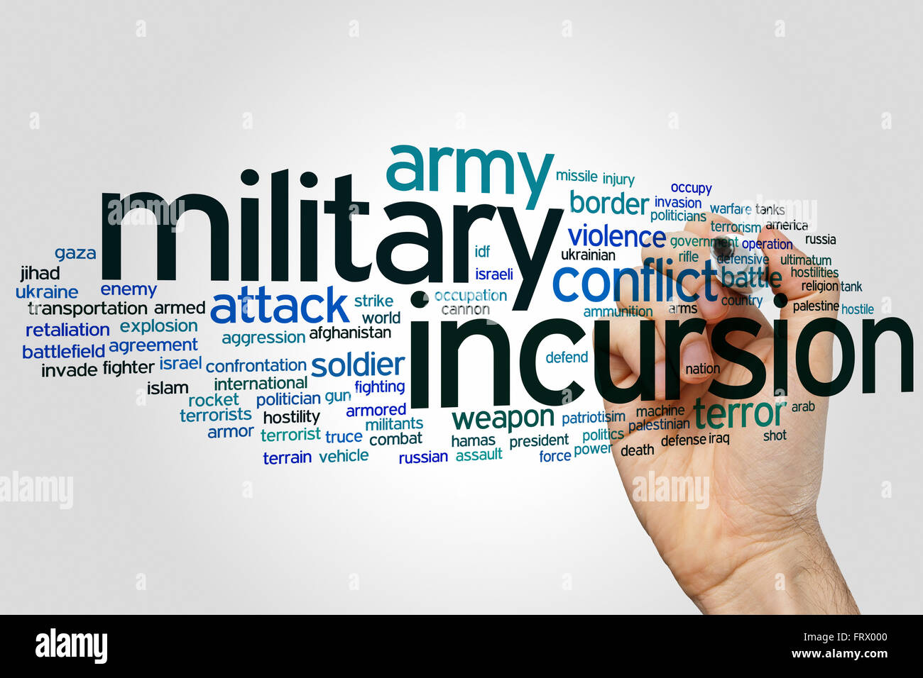 Militärintervention Konzept Word Cloud-Hintergrund Stockfoto