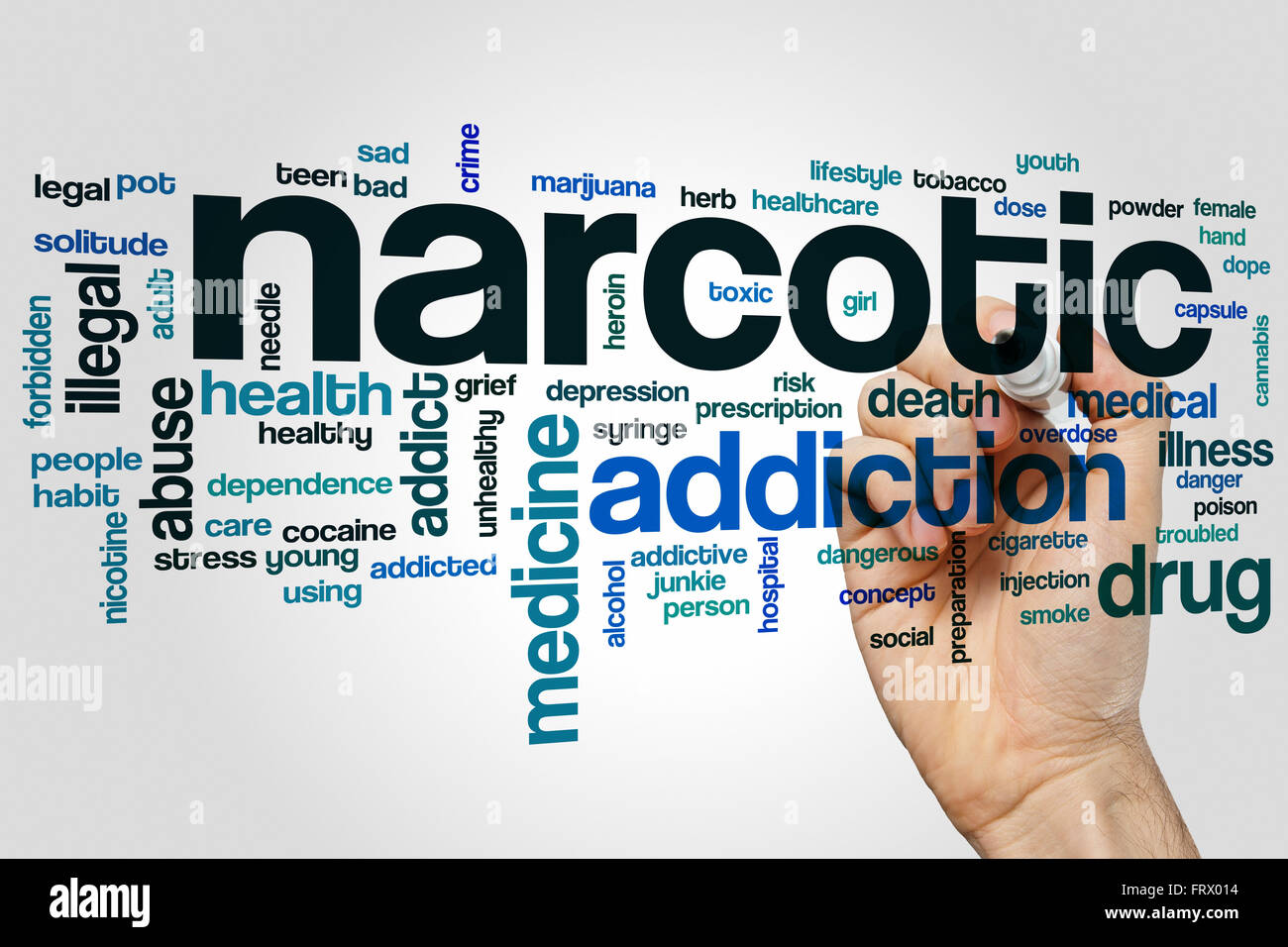 Narkotische Word Cloud-Konzept mit sucht Droge verwandte tags Stockfoto