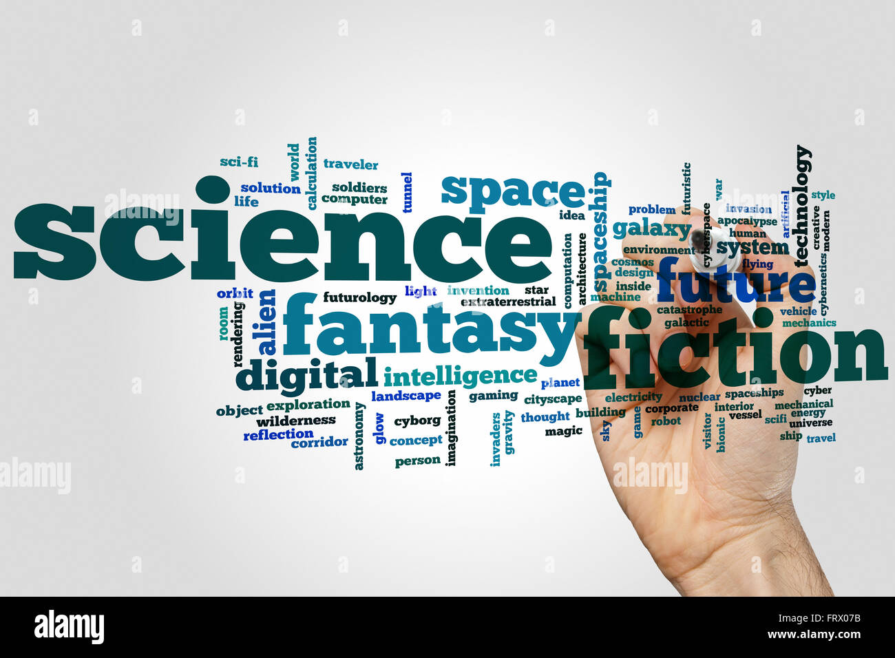 Science Fiction Konzept Word Cloud-Hintergrund Stockfoto