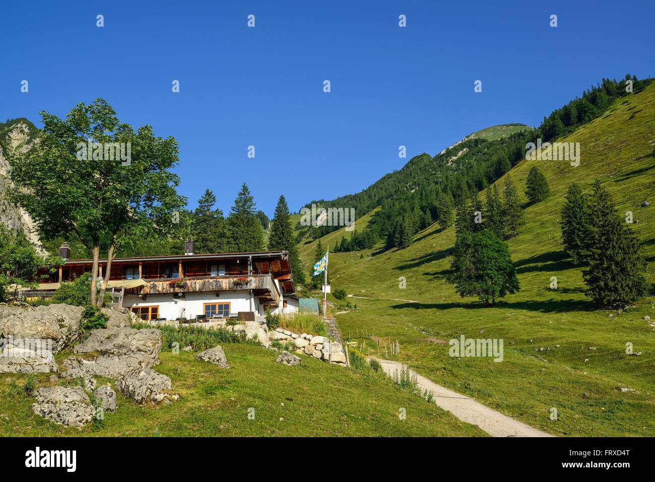 Weg vorbei an einer Almhütte, Geigelstein, Chiemgauer Alpen, Chiemgau, Upper Bavaria, Bavaria, Germany Stockfoto