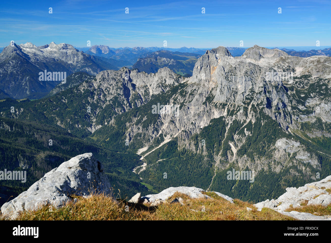 Blick vom Mount Hochkalter über Berglandschaft, Nationalpark Berchtesgaden, Berchtesgadener Alpen, Upper Bavaria, Bavaria, Germany Stockfoto