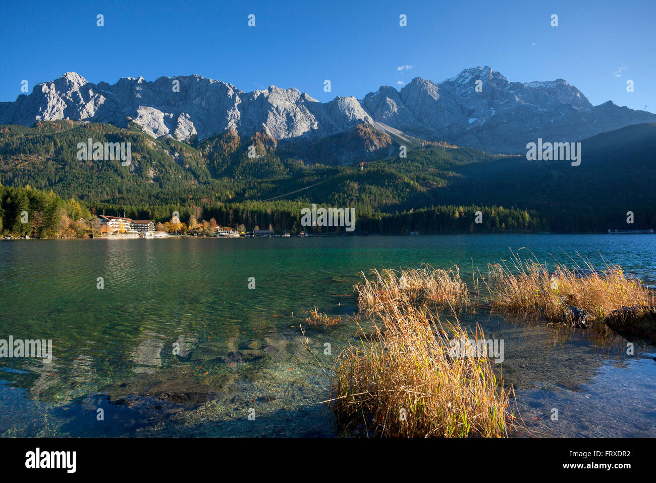 See Eibsee und die Zugspitze bei Garmisch-Partenkirchen, Wettersteingebirge, Werdenfelser, Bayern, Deutschland Stockfoto