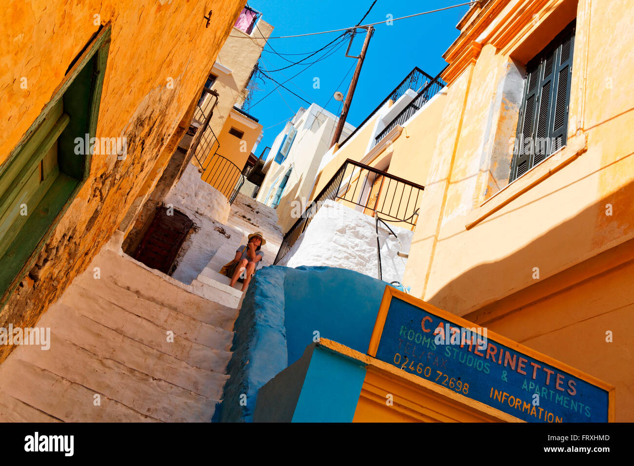 Schritte in Gialos, Symi Stadt, Symi, Dodekanes, südliche Ägäis, Griechenland Stockfoto