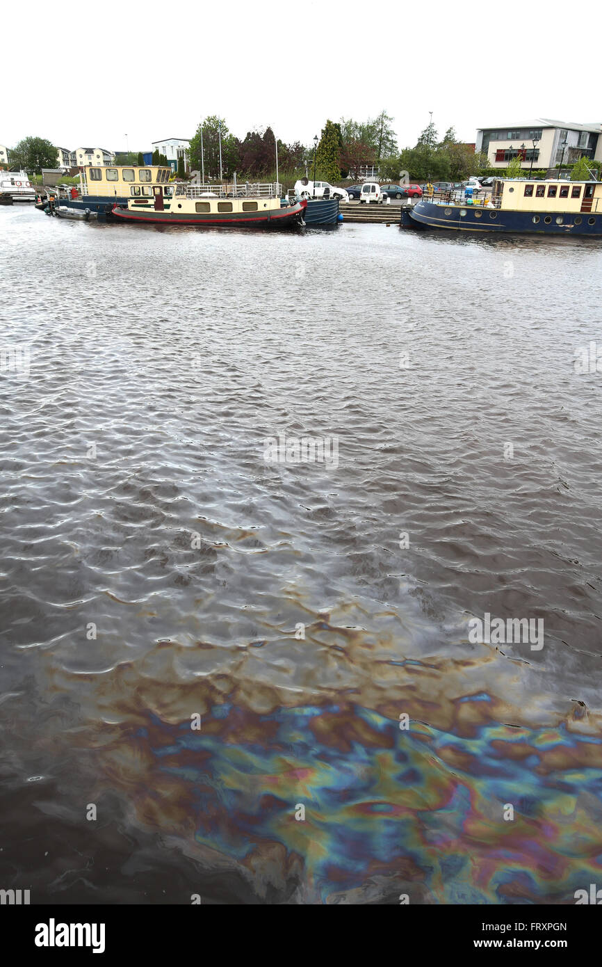 Ölfilm auf der Oberfläche von Süßwasser Fluss, auf dem Fluss Shannon, County Leitrim, Irland Stockfoto