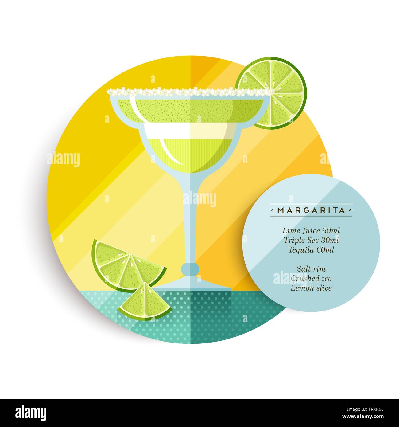 Margarita cocktail Drink Rezept Abbildung in bunte Kunst-Design-Stil mit Sommer Obst Dekoration und Zutaten Text flach Stock Vektor
