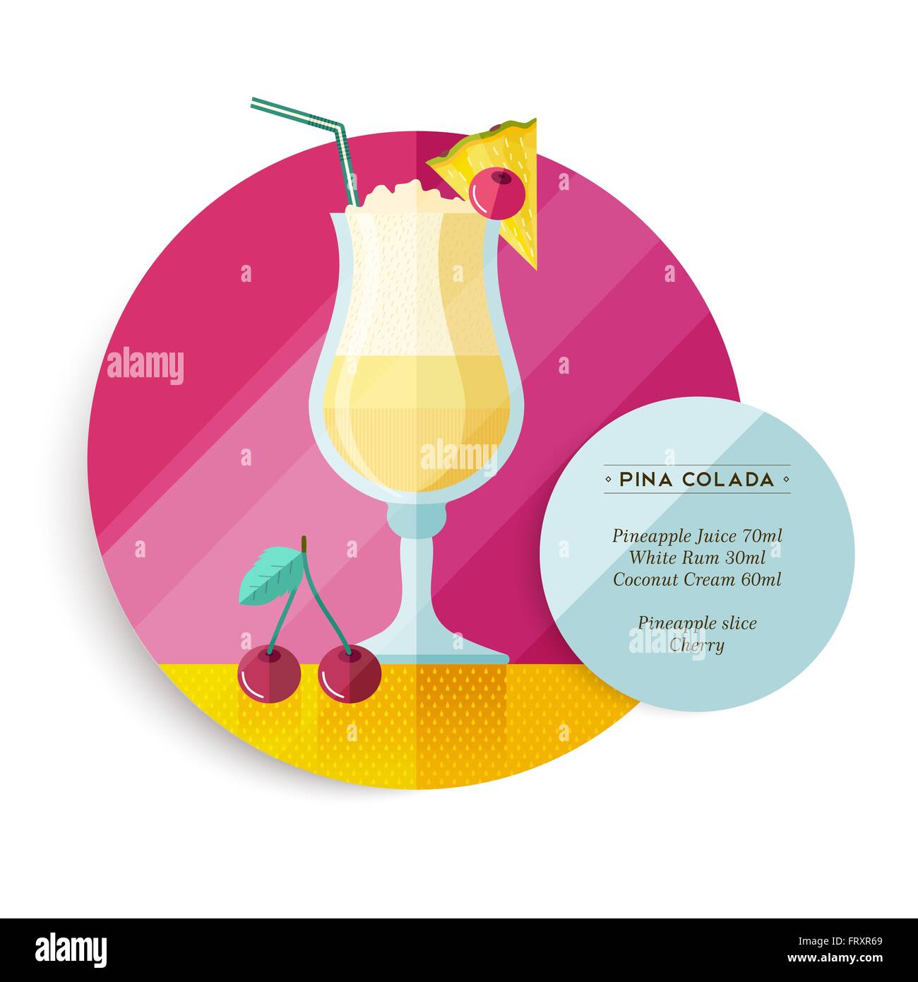 Pina Colada cocktail Drink Rezept für Party oder Sommer Urlaub mit Zutaten Text und bunten Wohnung Kunst Obst Abbildung. Stock Vektor