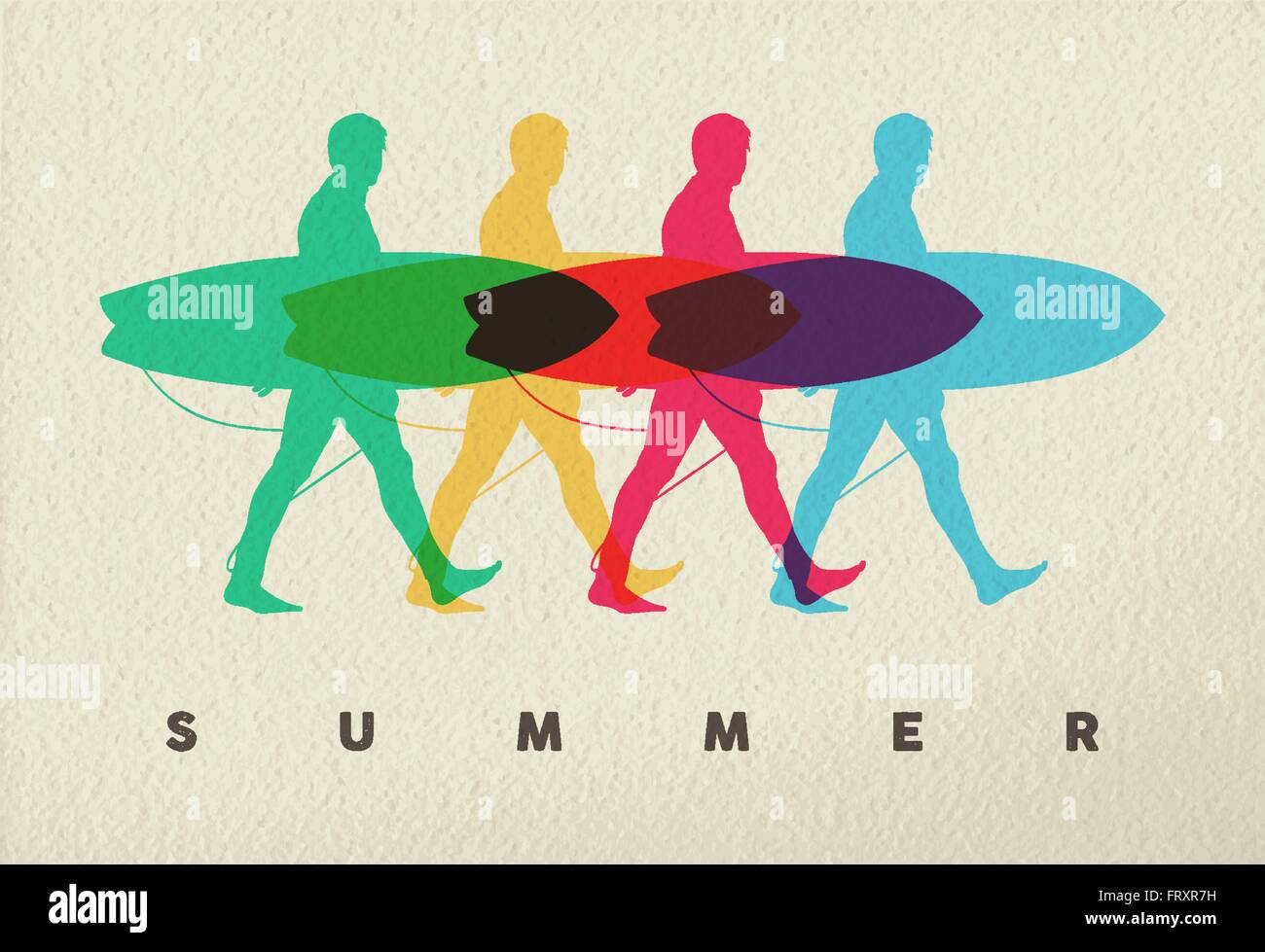 Sommer Strand Konzept, Silhouette der Mann zu Fuß mit Surfbrett im Farbstil über Textur Hintergrund. EPS10 Vektor. Stock Vektor