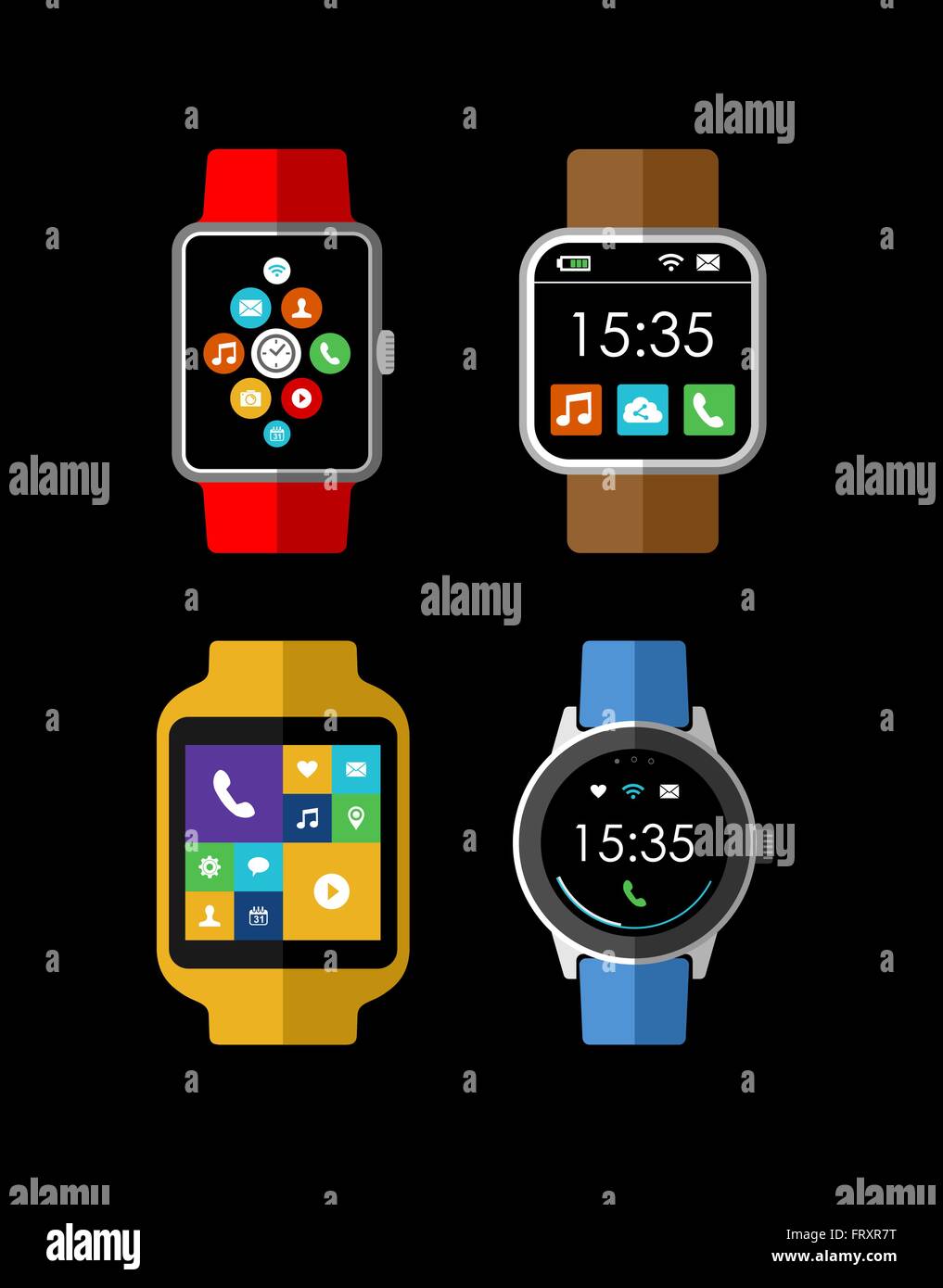 Moderne intelligente Uhr Gadget Illustrationen in bunten flach Kunststil mit app-Symbole. EPS10 Vektor. Stock Vektor