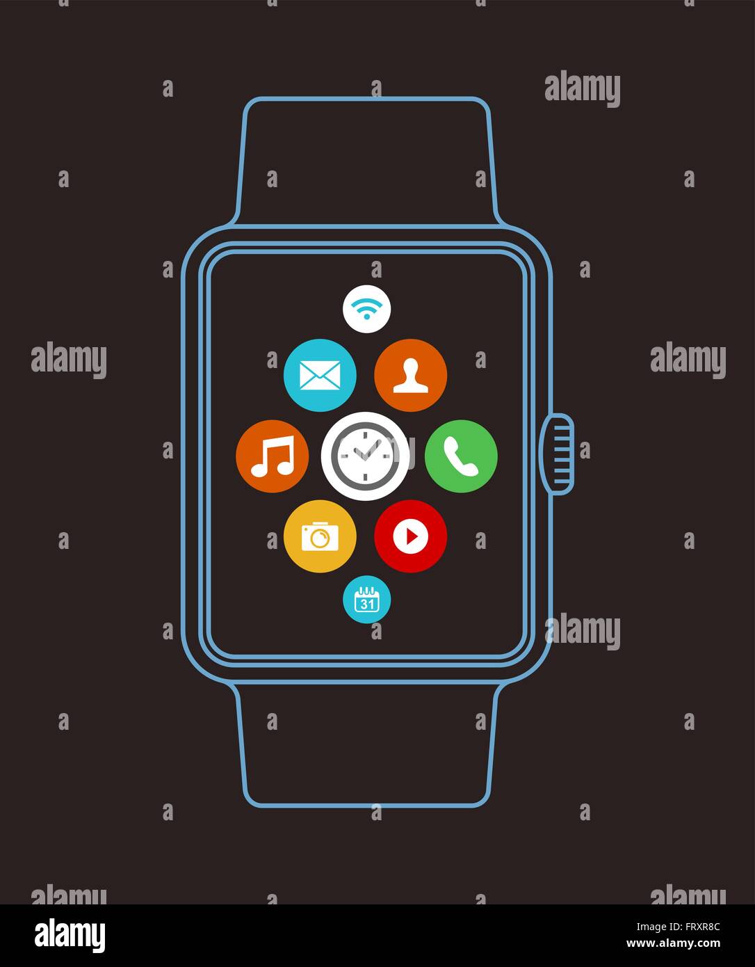 Einfach smart Uhrendesign im modernen Umriss-Stil mit bunten social-app Icons auf dem Bildschirm. EPS10 Vektor. Stock Vektor