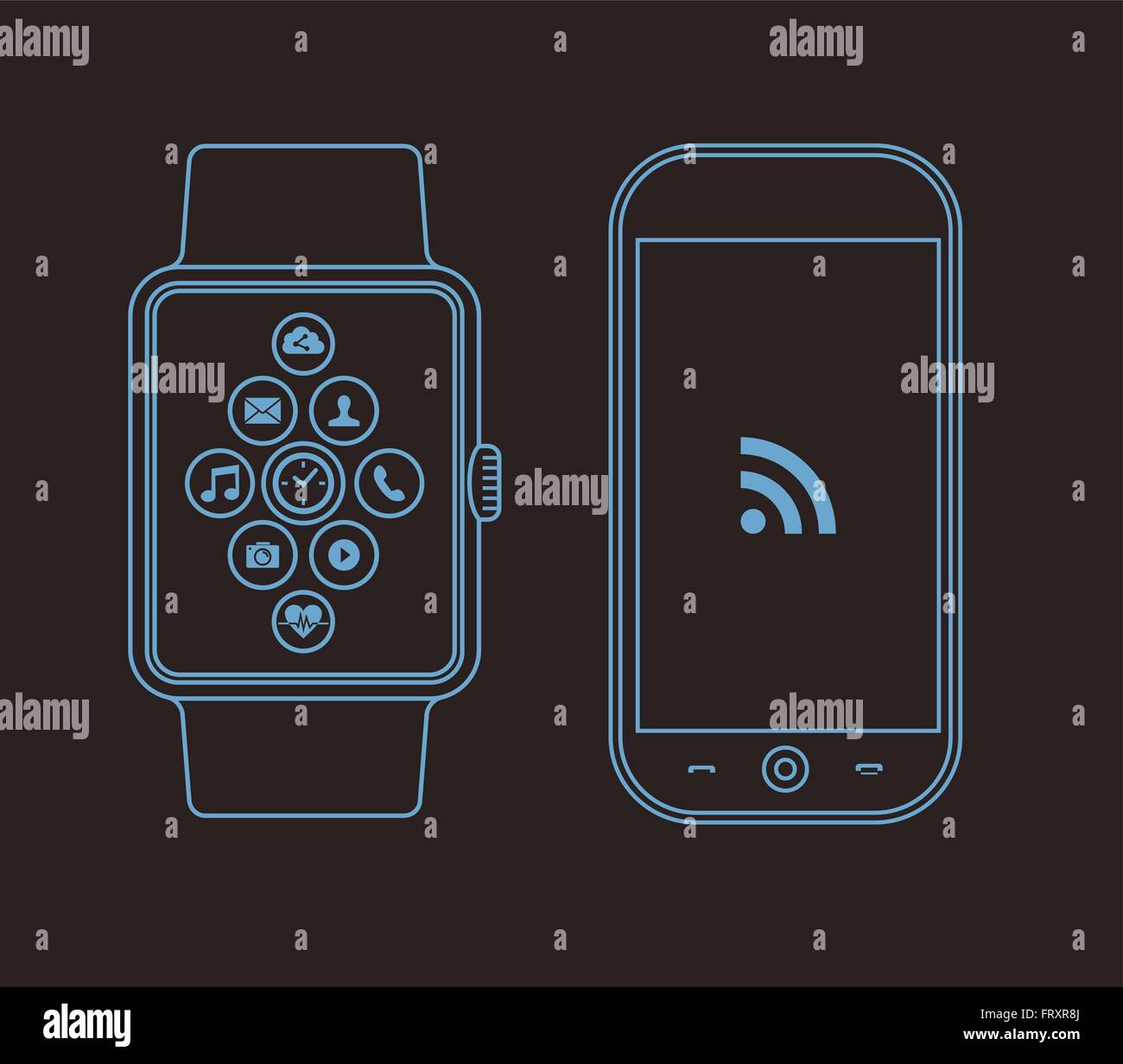 Konzept Umriss Illustration smart Watch und Handy mit social-app Icons auf dem Bildschirm. EPS10 Vektor. Stock Vektor