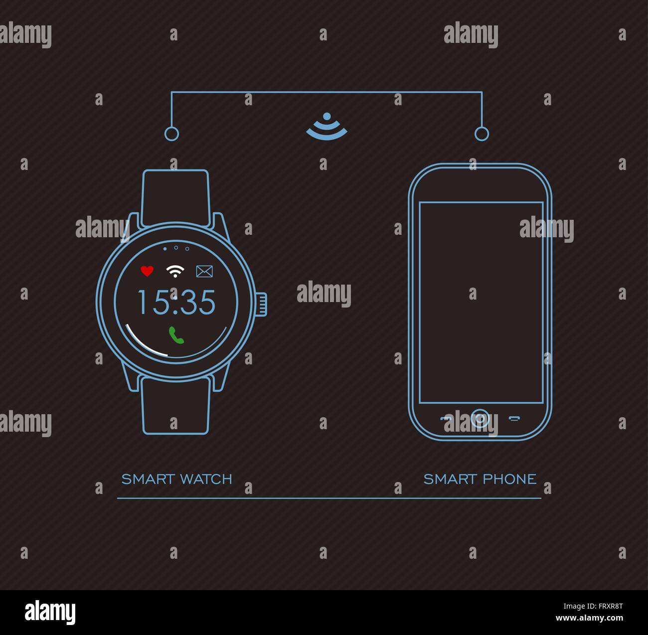 Konzept Umriss Abbildung des Internets verbunden smart Watch und Handy mit social-app Icons auf dem Bildschirm. EPS10 Vektor. Stock Vektor