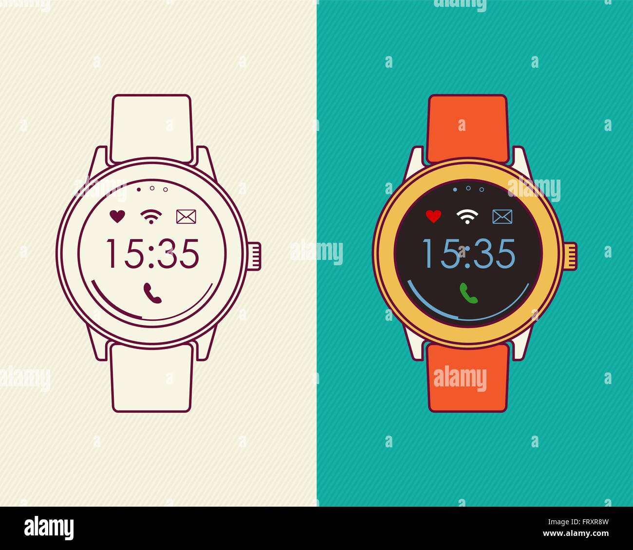 Klassische Retro-Smartwatch Illustrationen, flache Linie Kunst Stil Komposition mit social-app-Icons und Gliederung entwerfen. EPS10 Vektor. Stock Vektor