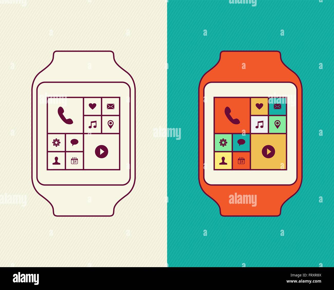 Moderne smart-Watch Illustrationen, flache Linie Kunst Stil Komposition mit sozialer Kommunikation Symbole und Gliederung entwerfen. Stock Vektor