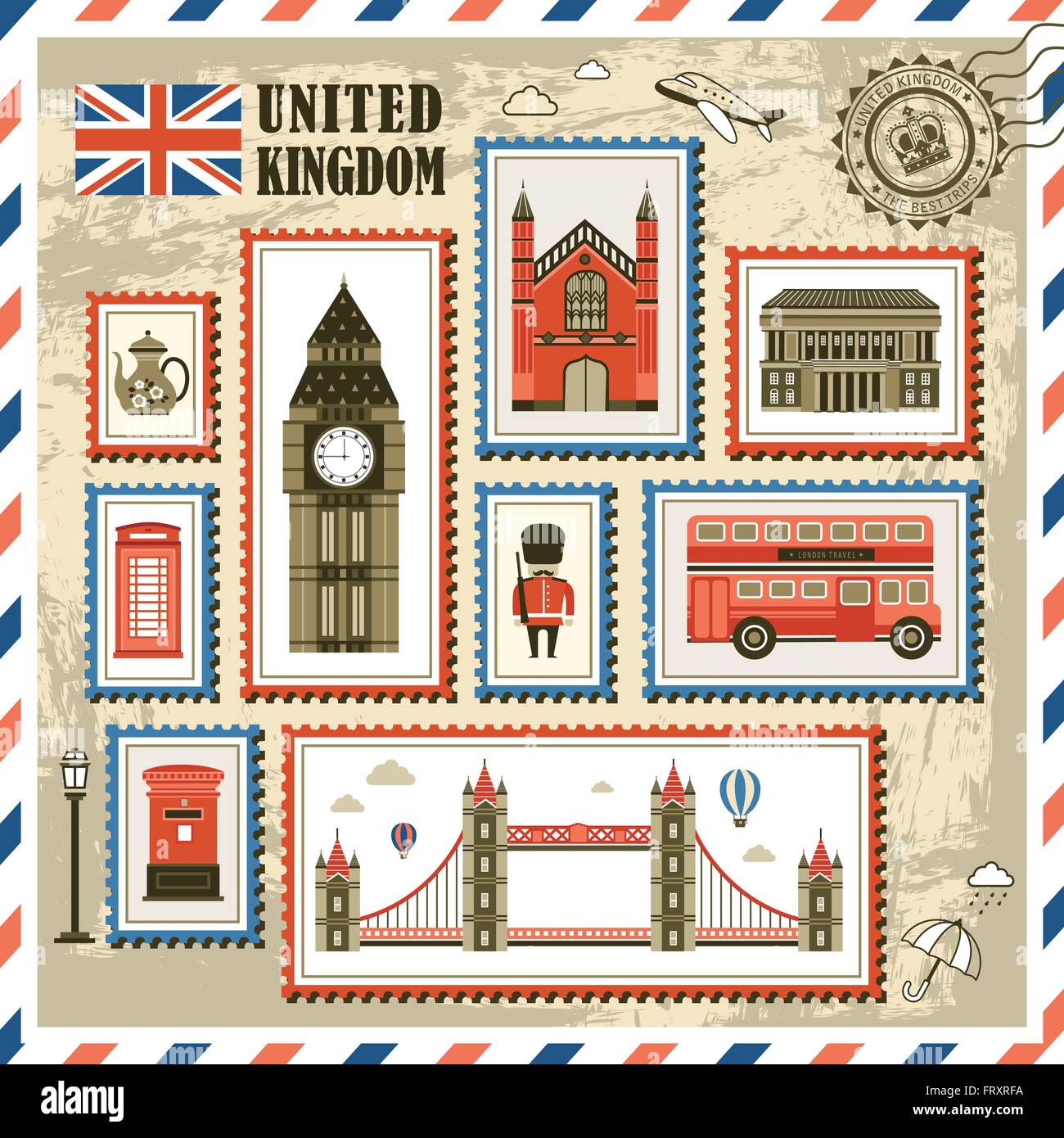 exquisite Großbritannien Reisen Eindruck Briefmarkensammlung Stock Vektor