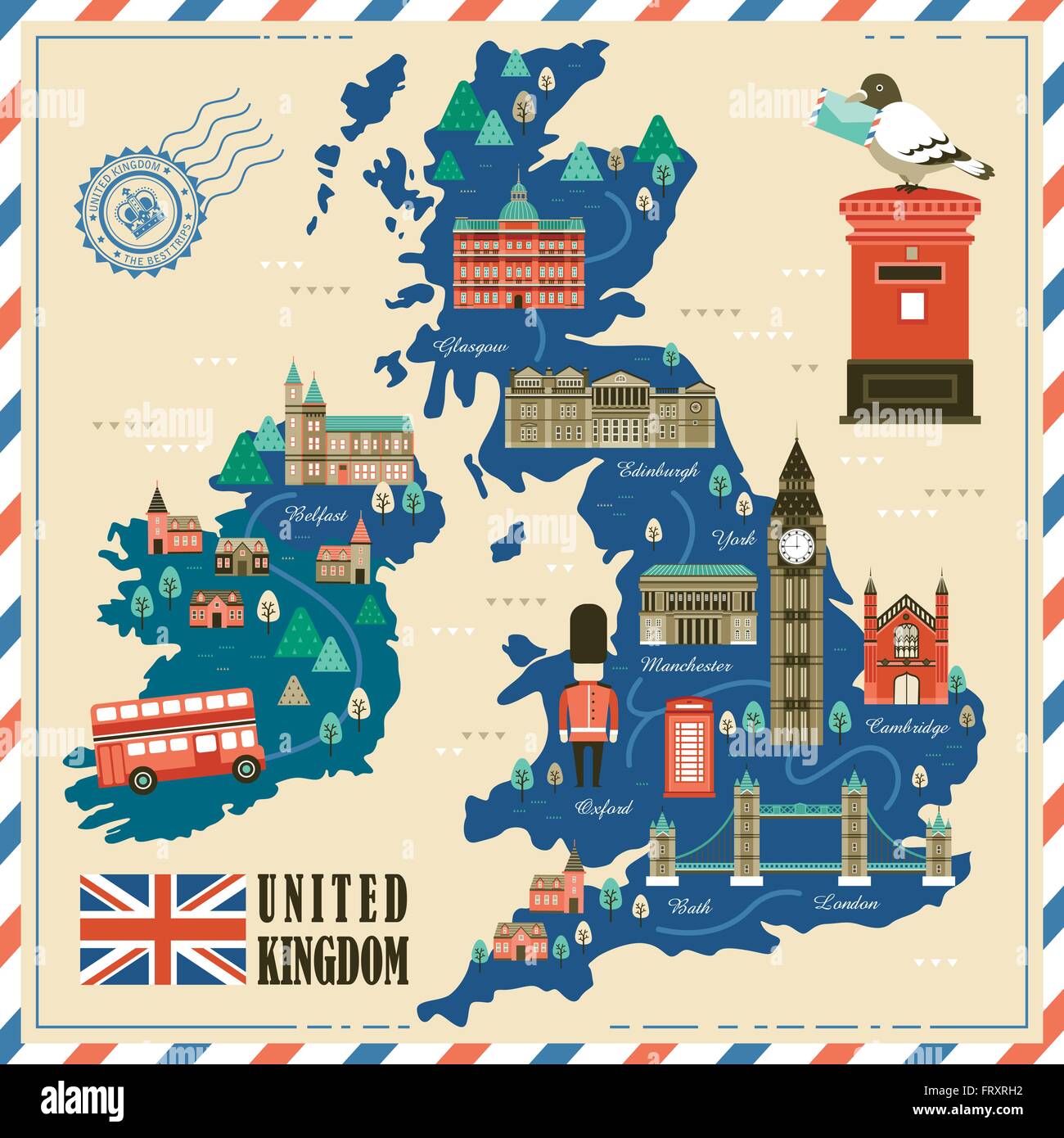 schöne Großbritannien-Reise-Karte mit Sehenswürdigkeiten Stock Vektor
