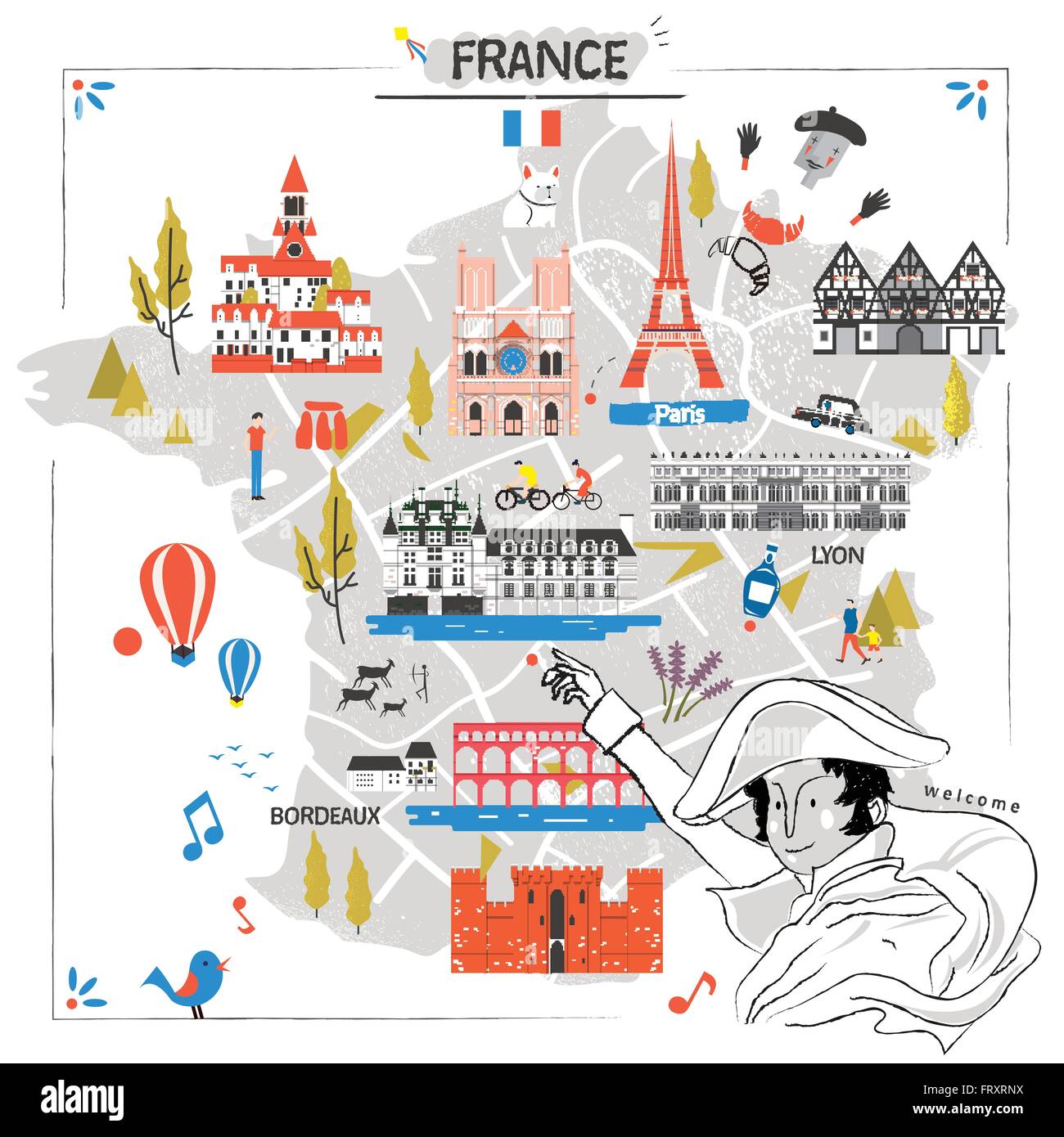 anmutige Frankreich Reise-Karte mit Sehenswürdigkeiten und Napoleon Stock Vektor