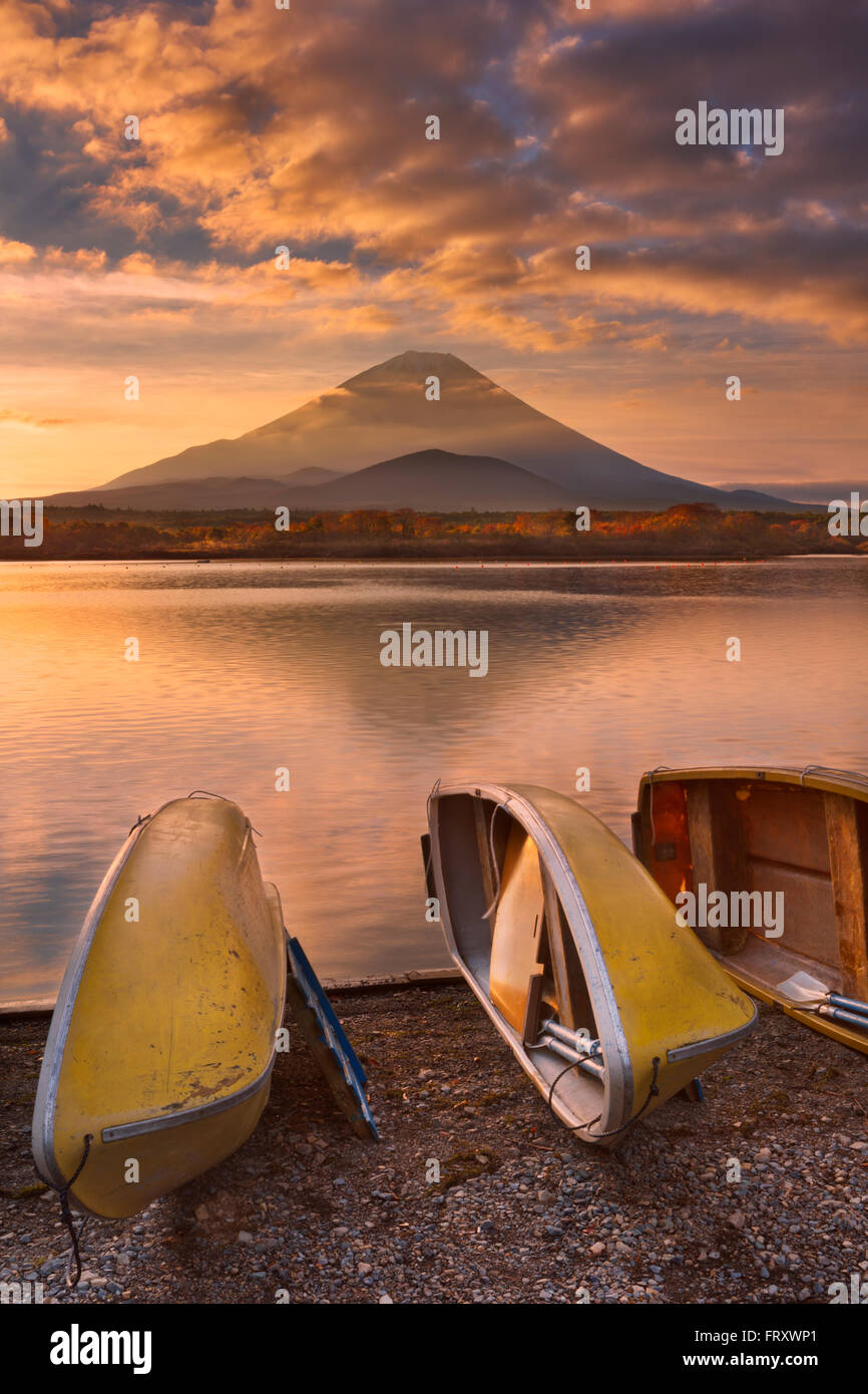 Mount Fuji (Fujisan, 富士山), fotografiert bei Sonnenaufgang vom See Shoji (Shojiko, 精進湖). Stockfoto