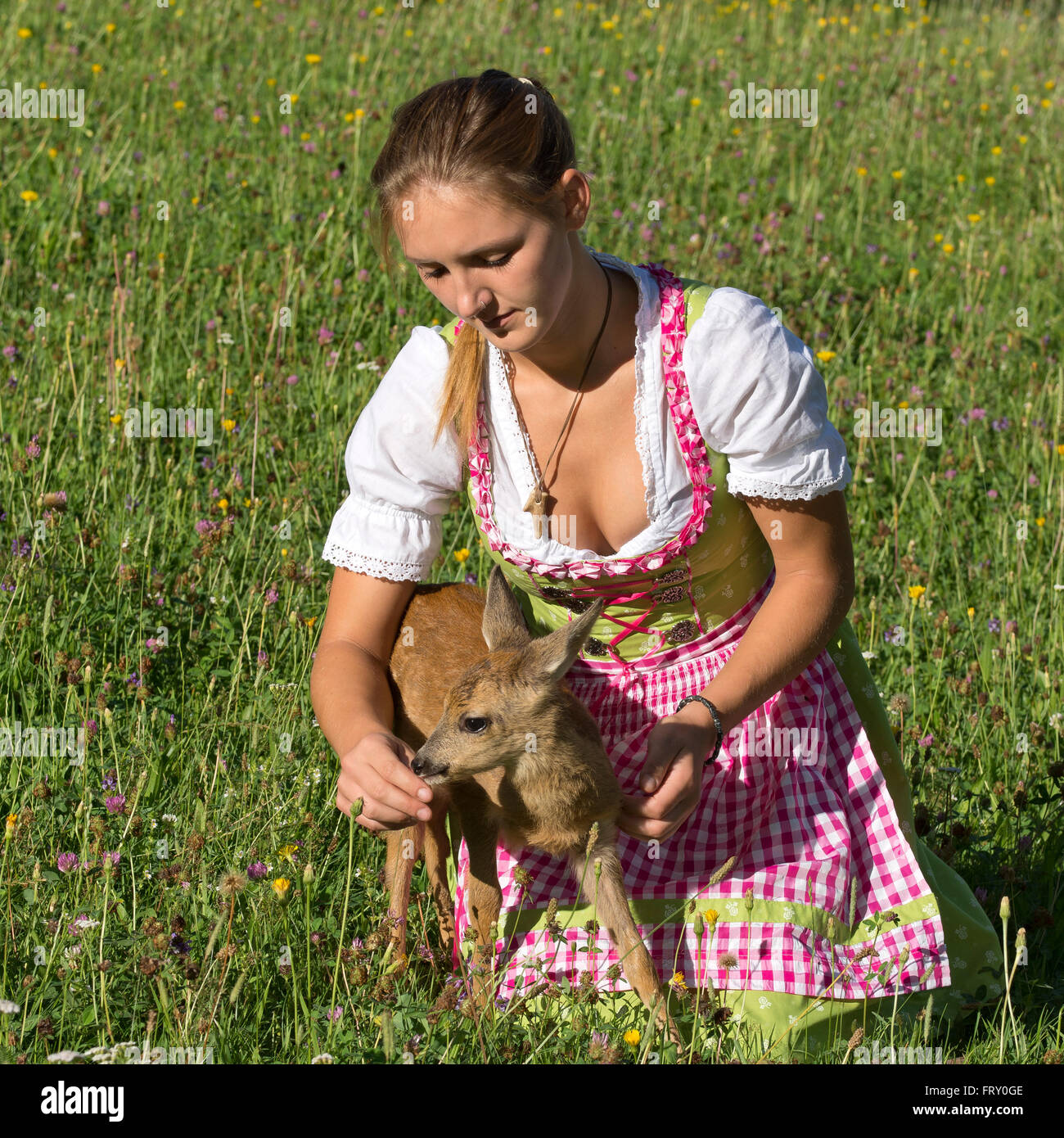 Frau im Dirndl mit zahmen Faon in einer Blumenwiese, Tirol, Österreich Stockfoto