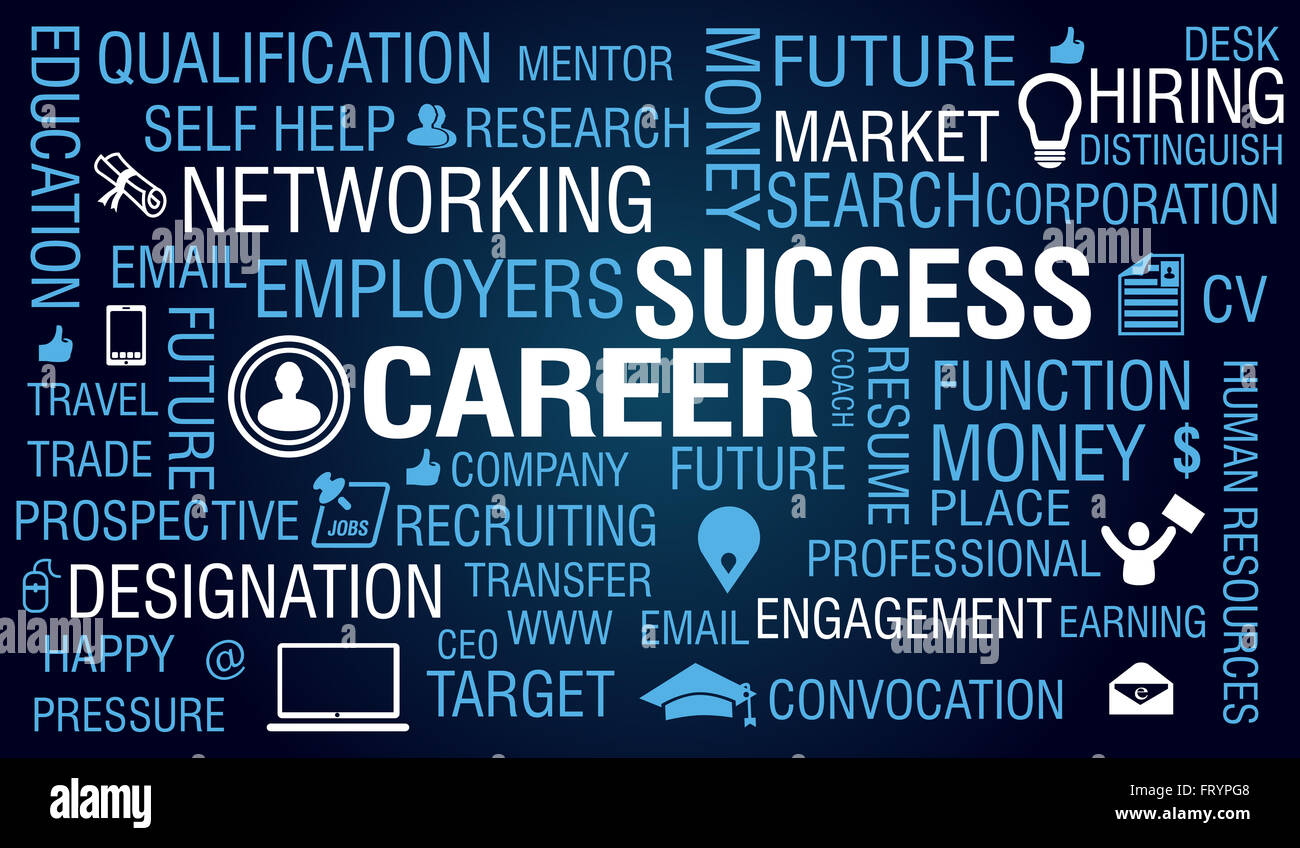 Karriere und Job-Erfolgskonzept auf blauem Hintergrund. Stockfoto