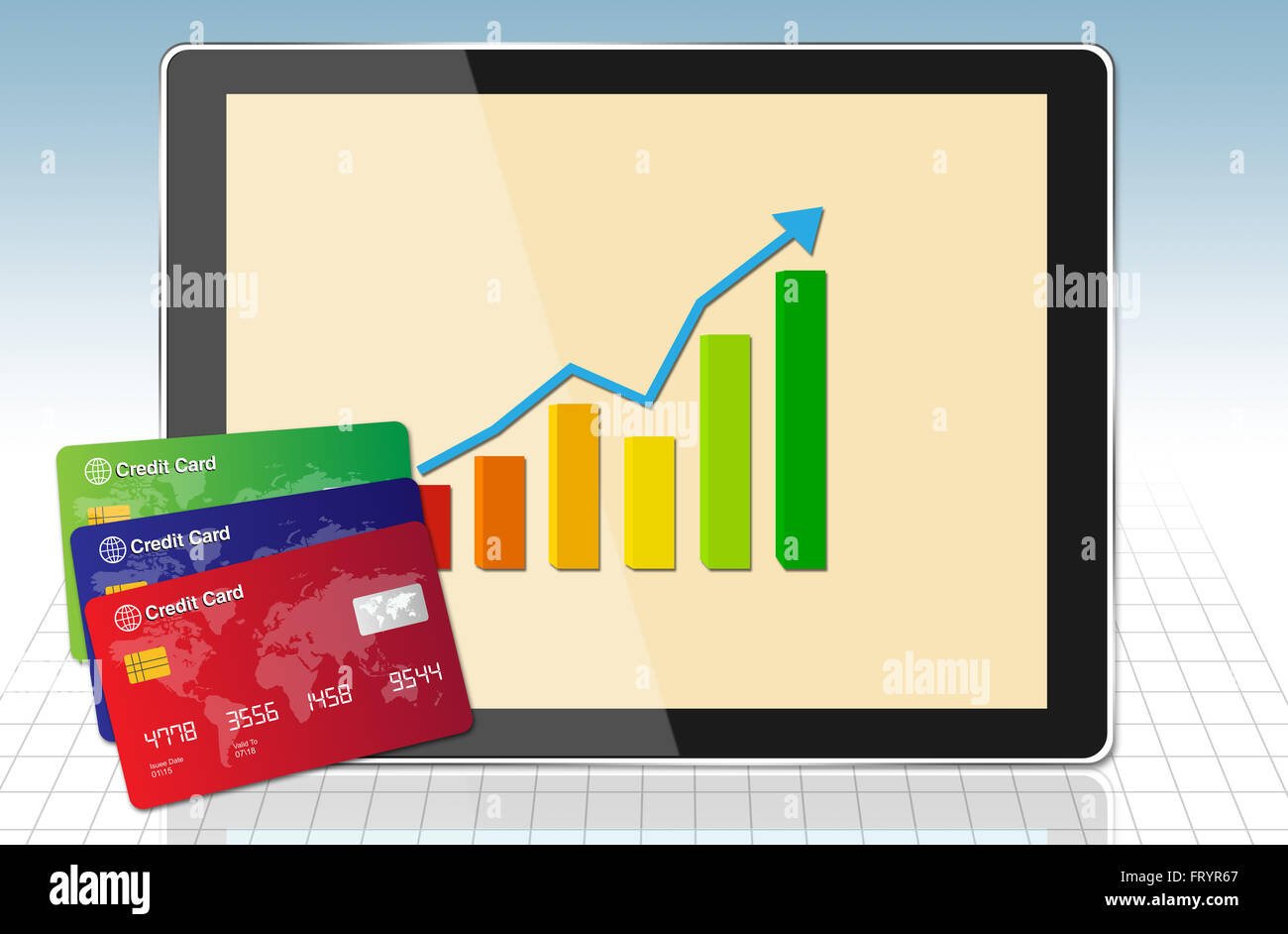 Finanzen-Grafik mit Tablet und Kreditkarten. Stockfoto